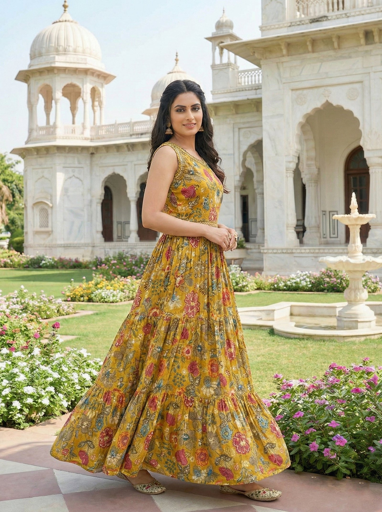 Mustard Rayon Floral Digital Print Long Dress - Image 4