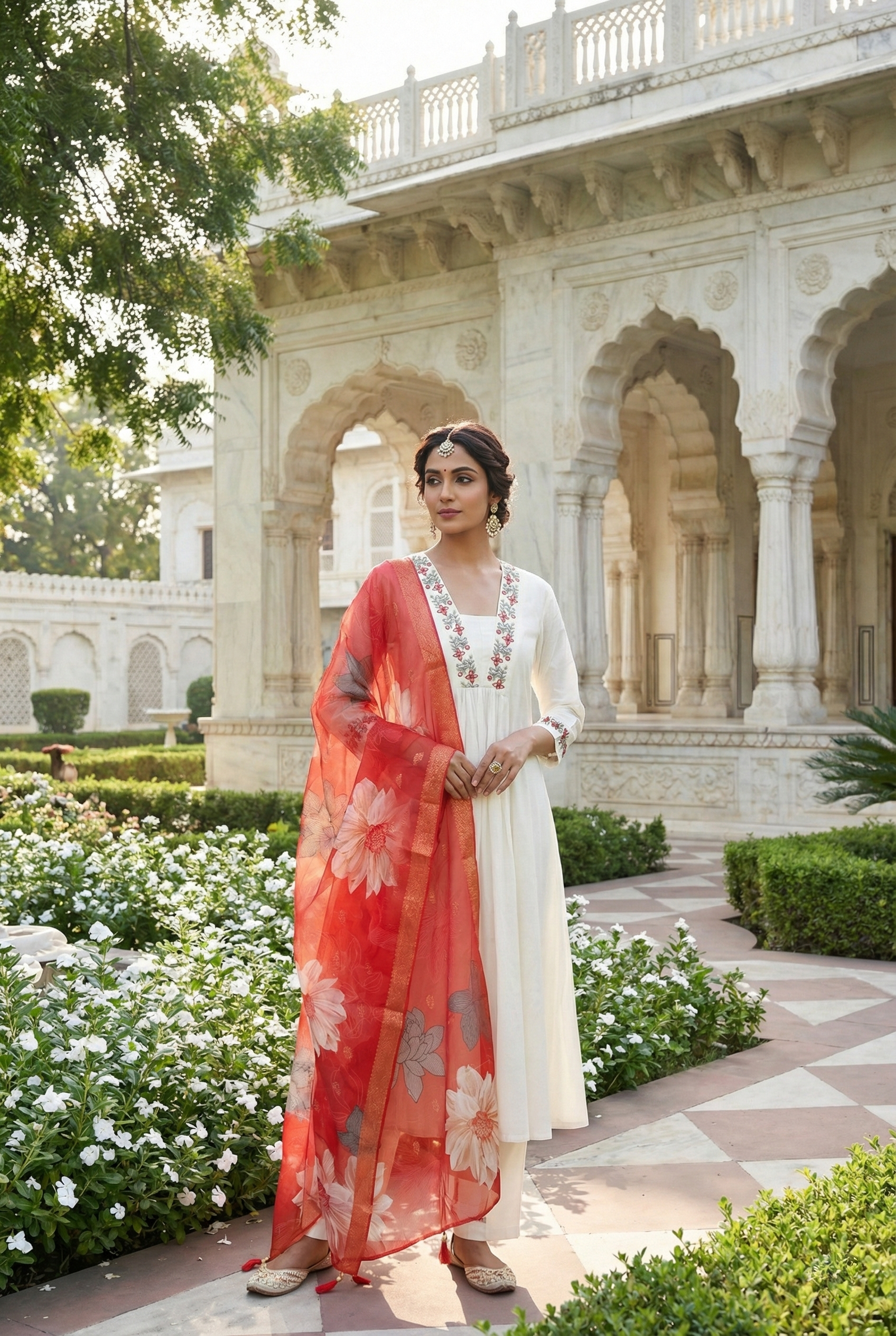 Rust Chanderi Hand Embroidery Three Piece Set