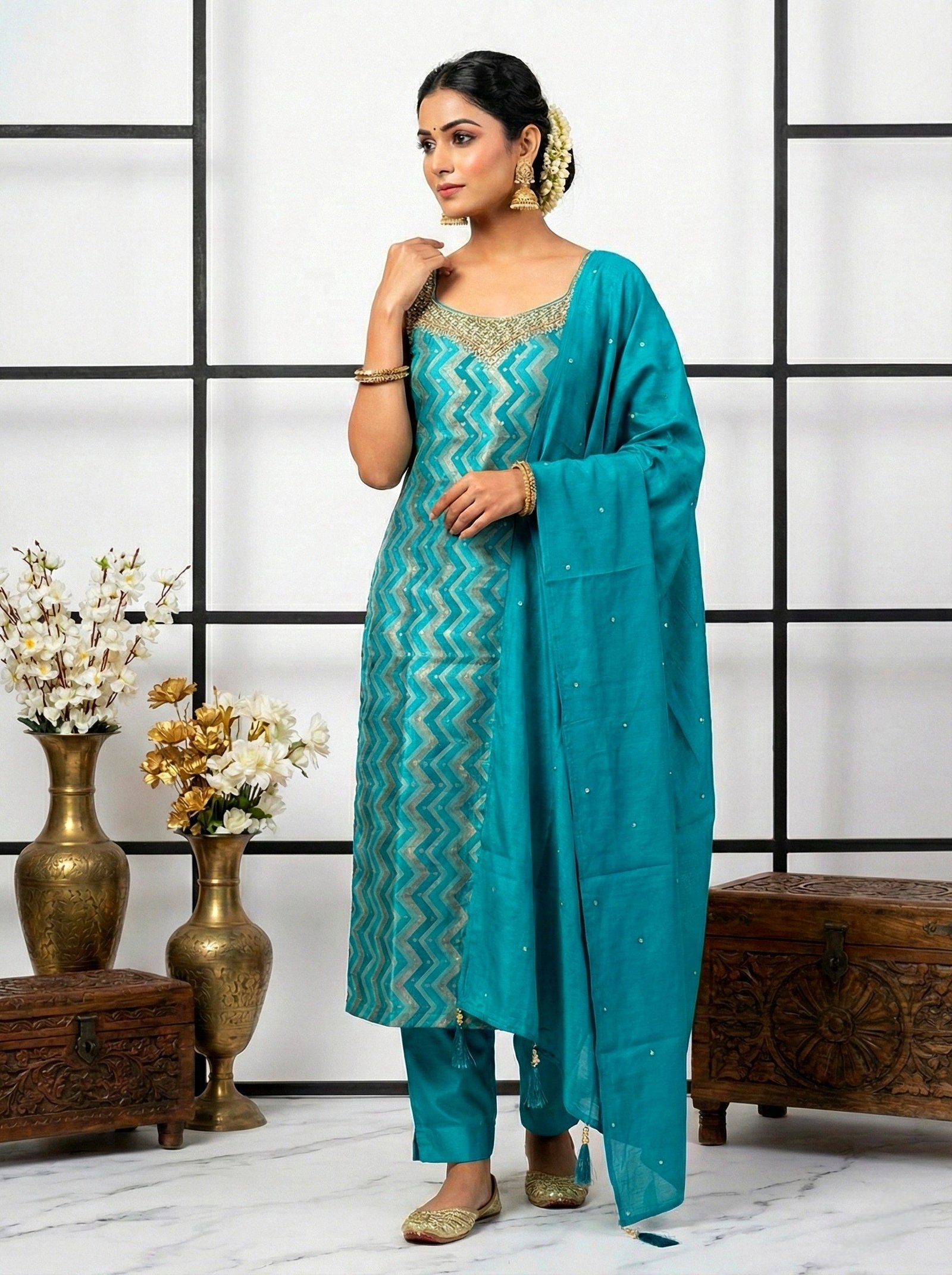 Rama Silk Stone And Mirror Embroidered Suit Set