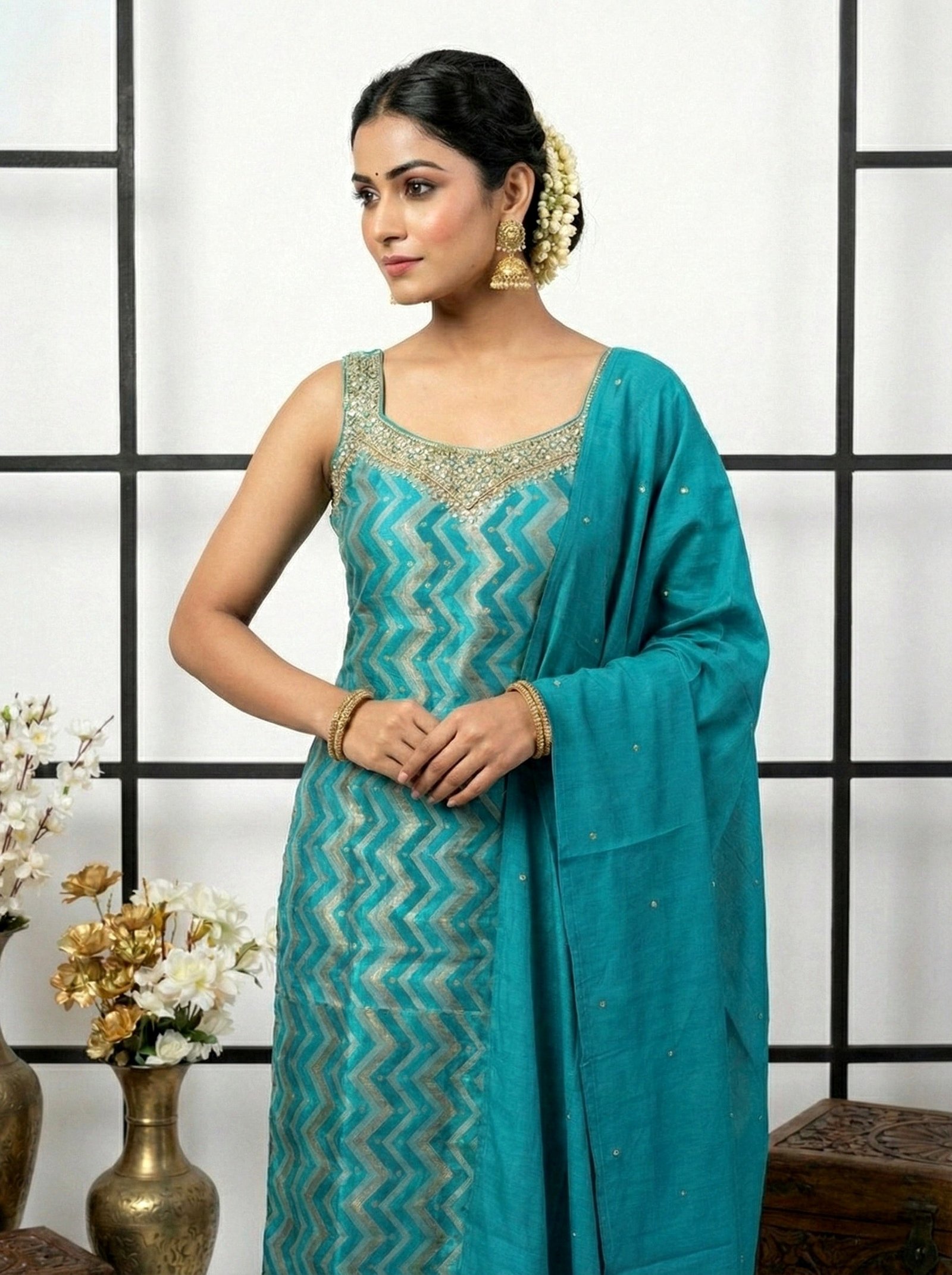 Rama Silk Stone And Mirror Embroidered Suit Set - Image 5