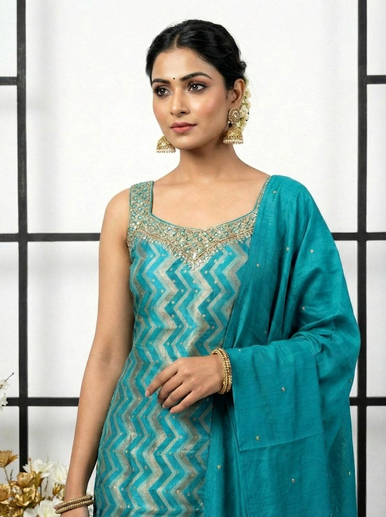 Rama Silk Stone And Mirror Embroidered Suit Set - Image 6