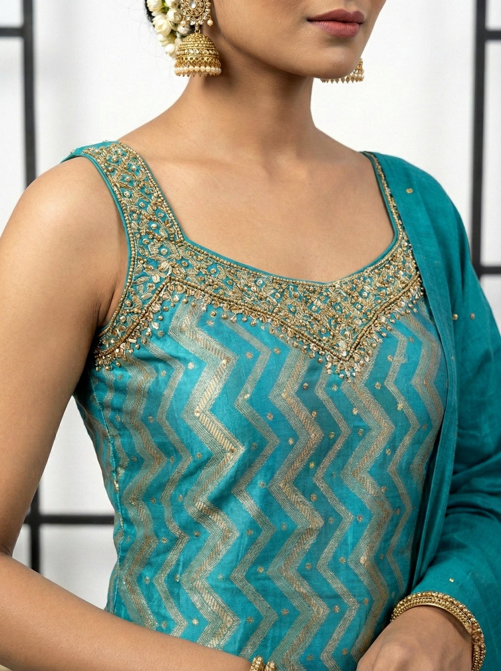 Rama Silk Stone And Mirror Embroidered Suit Set - Image 4