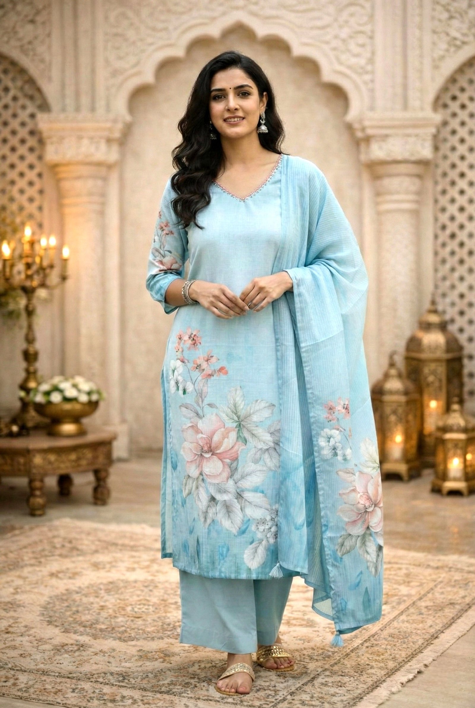 Sky Blue Rayon With Beads And Floral Digital Print Three Piece Set