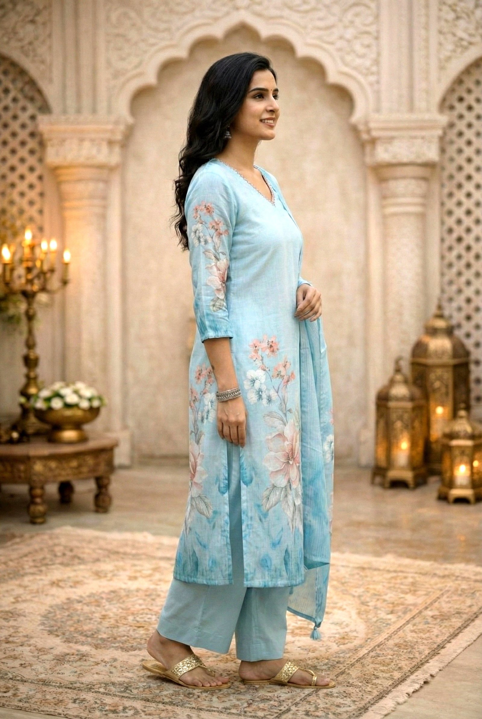 Sky Blue Rayon With Beads And Floral Digital Print Three Piece Set - Image 2