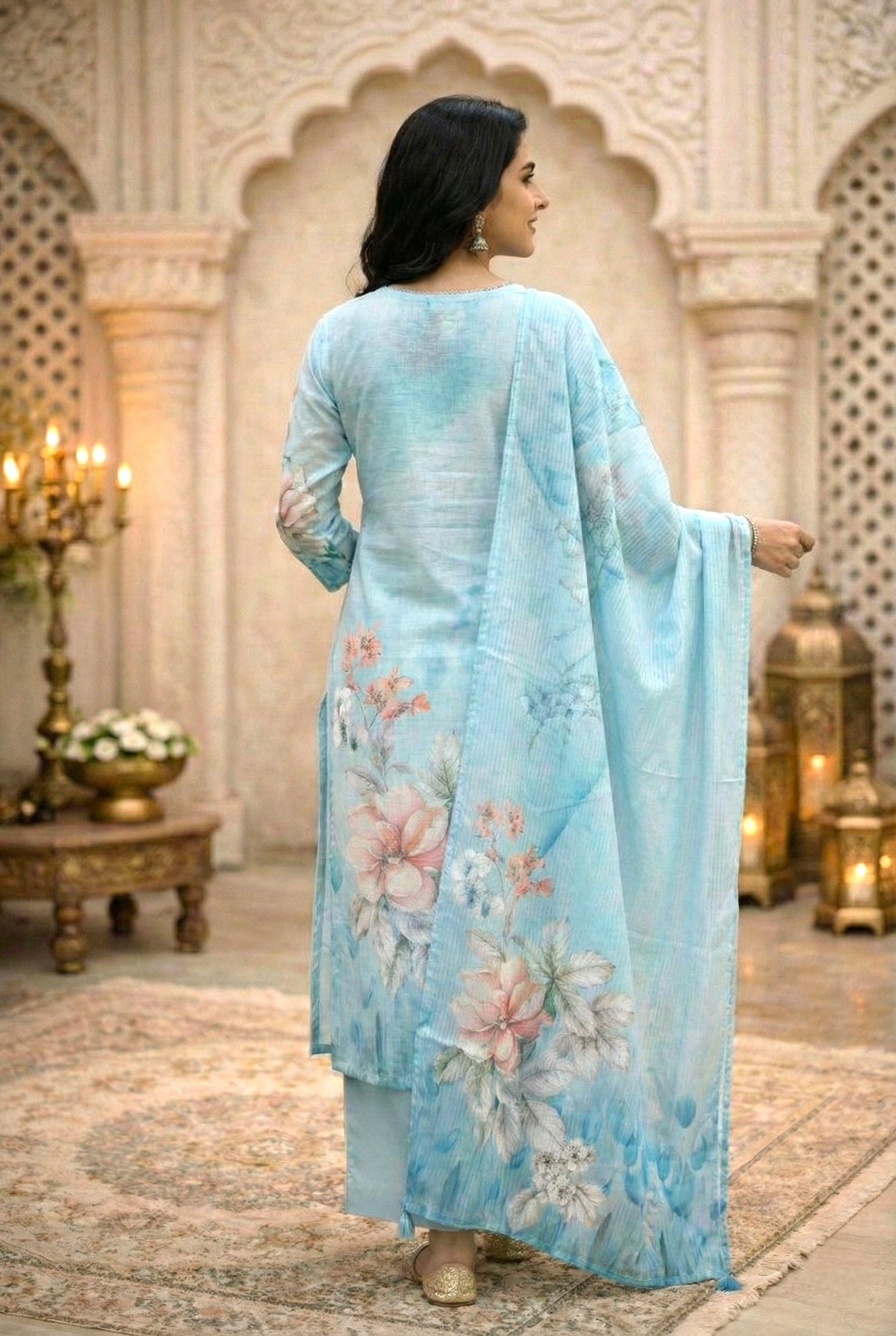 Sky Blue Rayon With Beads And Floral Digital Print Three Piece Set - Image 3