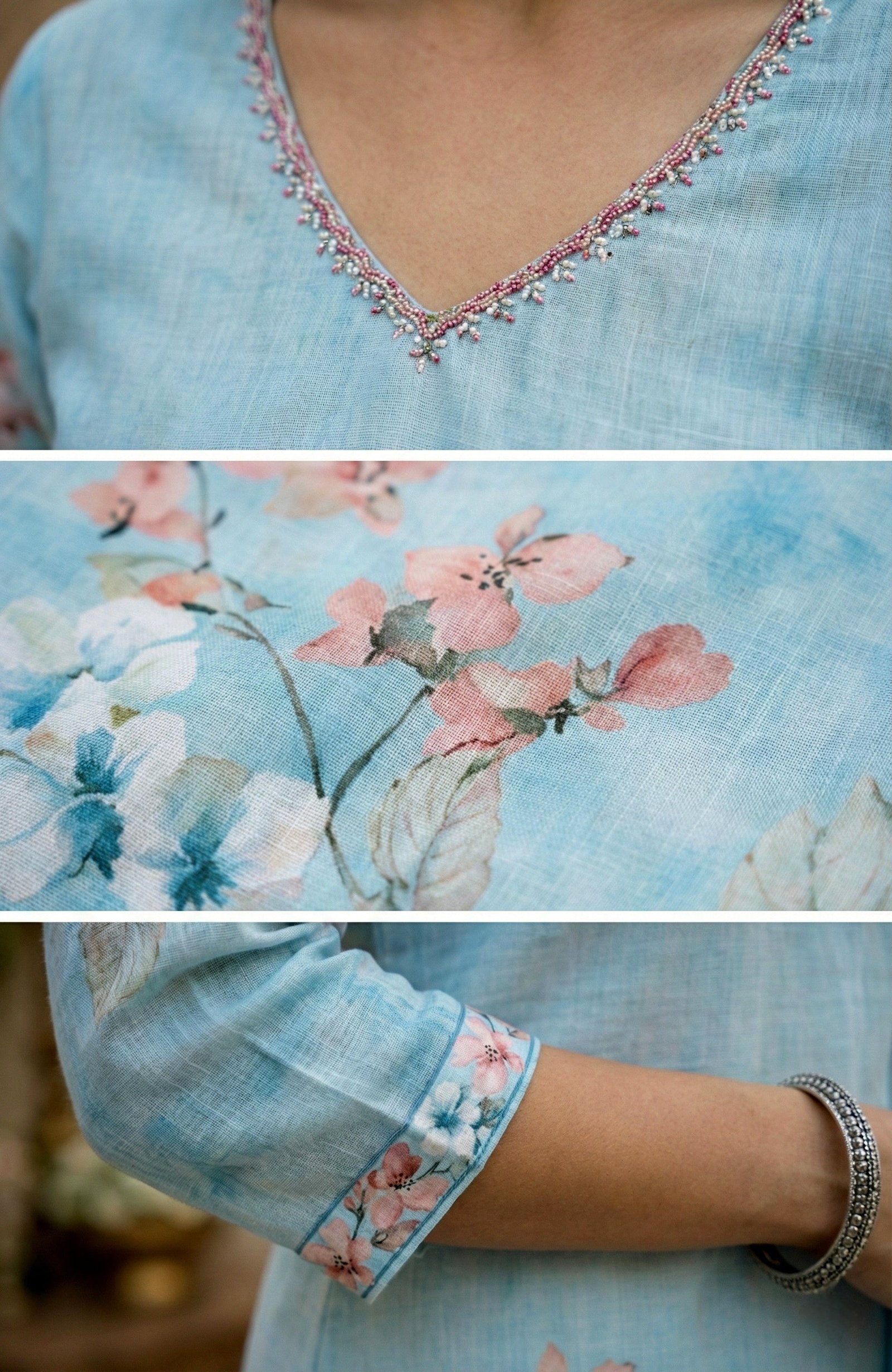 Sky Blue Rayon With Beads And Floral Digital Print Three Piece Set - Image 4