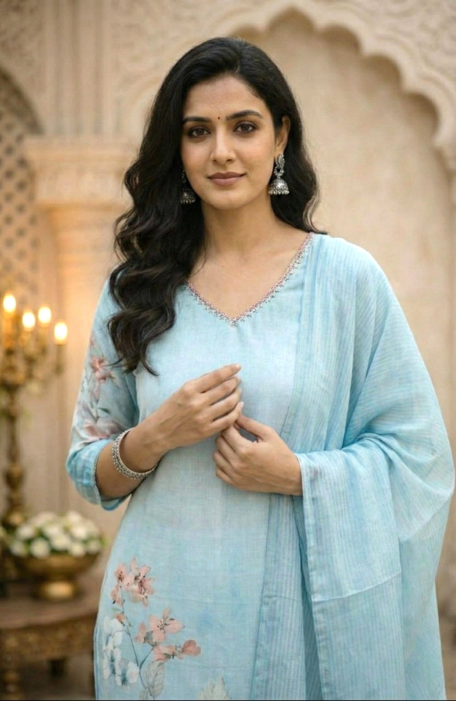 Sky Blue Rayon With Beads And Floral Digital Print Three Piece Set - Image 5