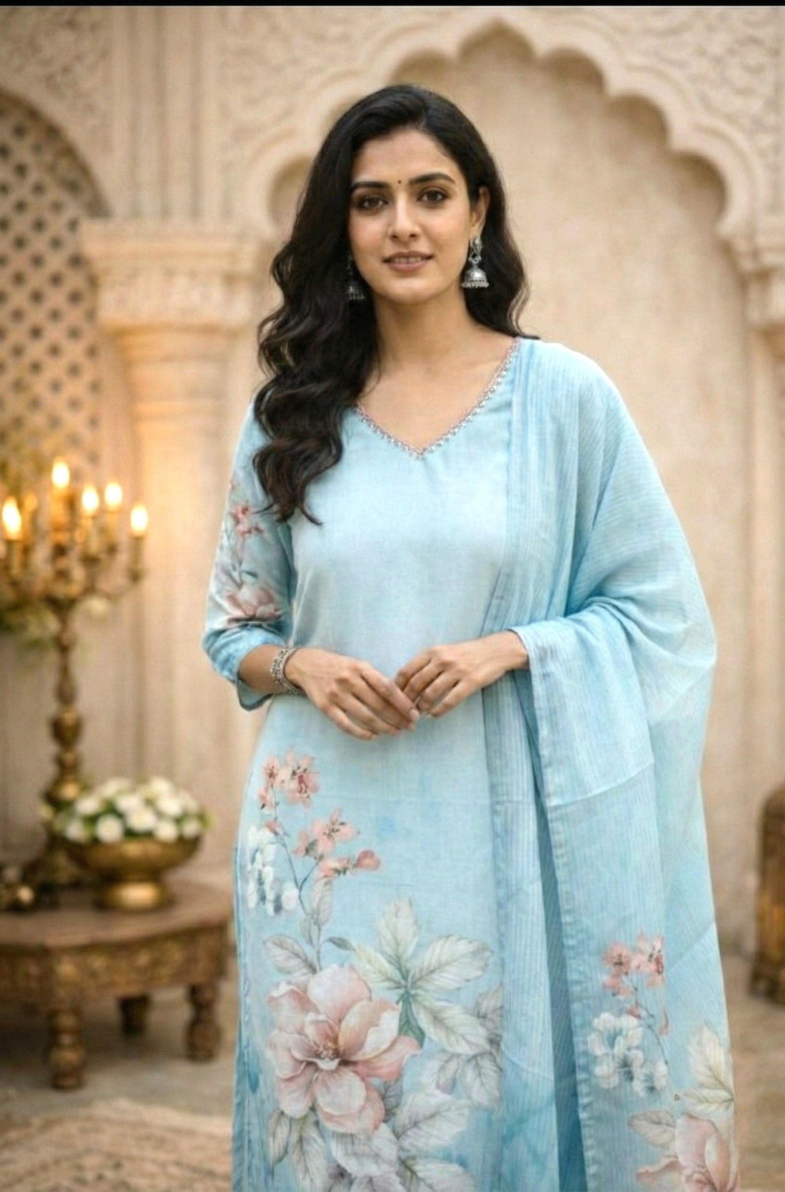 Sky Blue Rayon With Beads And Floral Digital Print Three Piece Set - Image 6