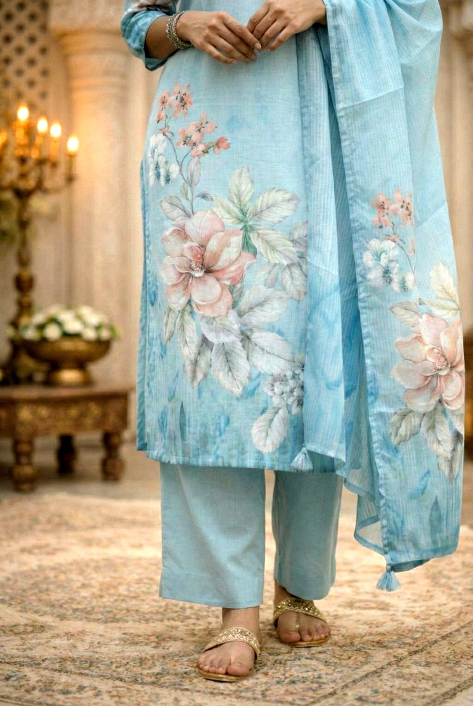 Sky Blue Rayon With Beads And Floral Digital Print Three Piece Set - Image 7