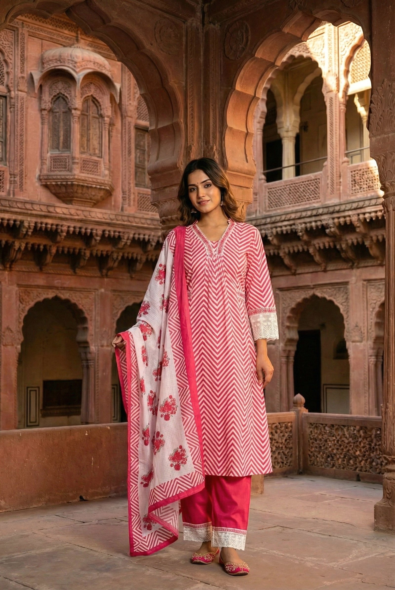 Magenta Cotton Chevron Printed Three Piece Set