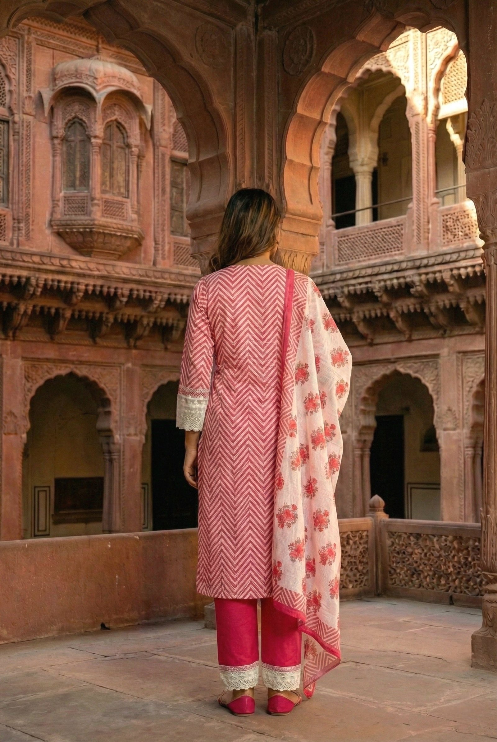 Magenta Cotton Chevron Printed Three Piece Set - Image 3