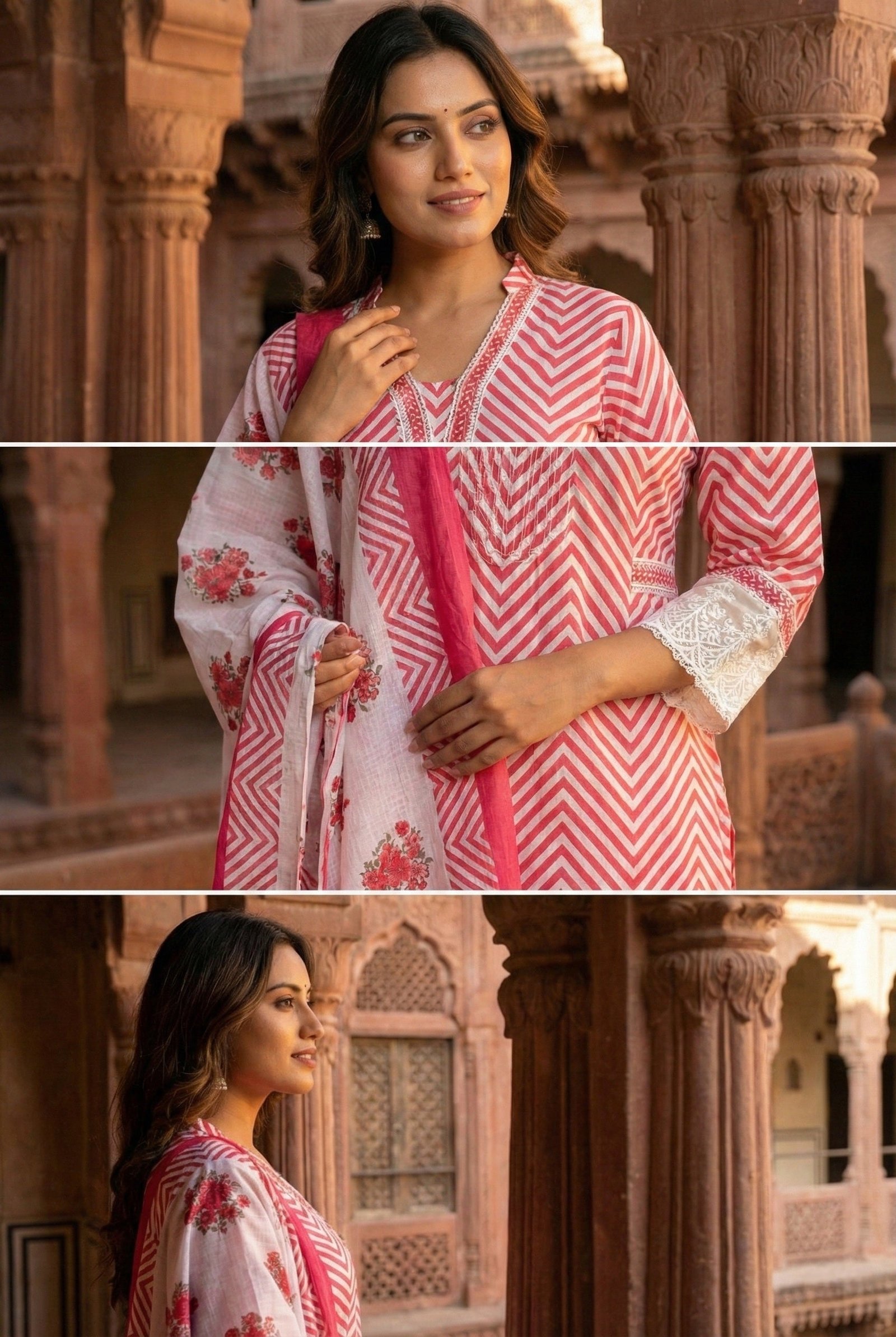 Magenta Cotton Chevron Printed Three Piece Set - Image 4