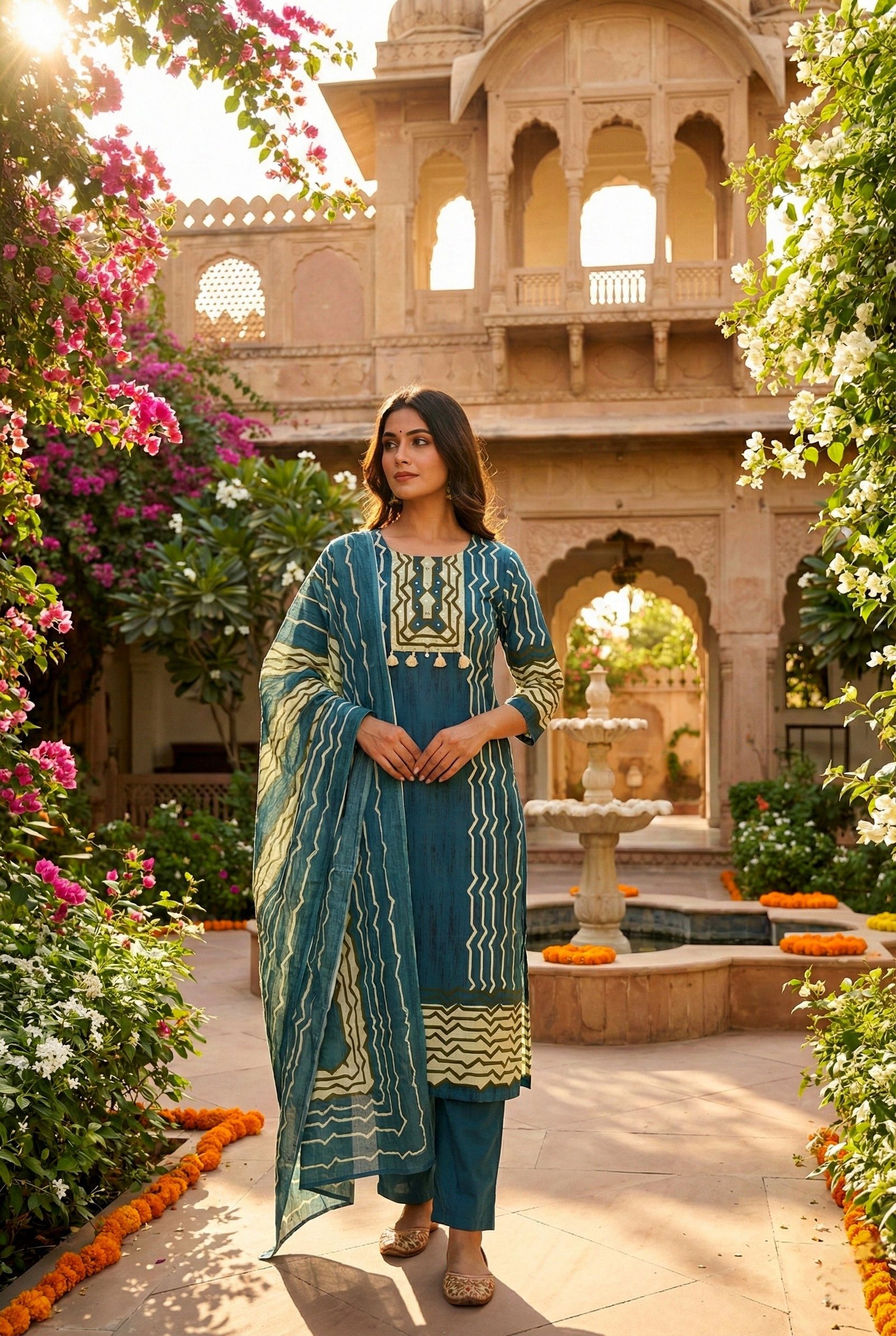 Teal Blue Cotton Three Piece Set