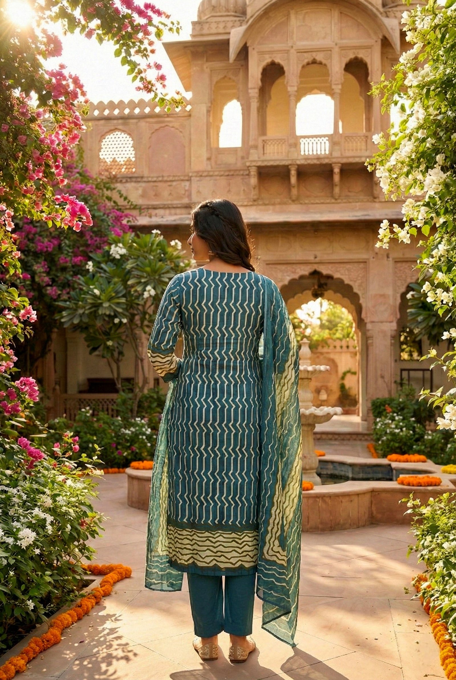 Teal Blue Cotton Three Piece Set - Image 3