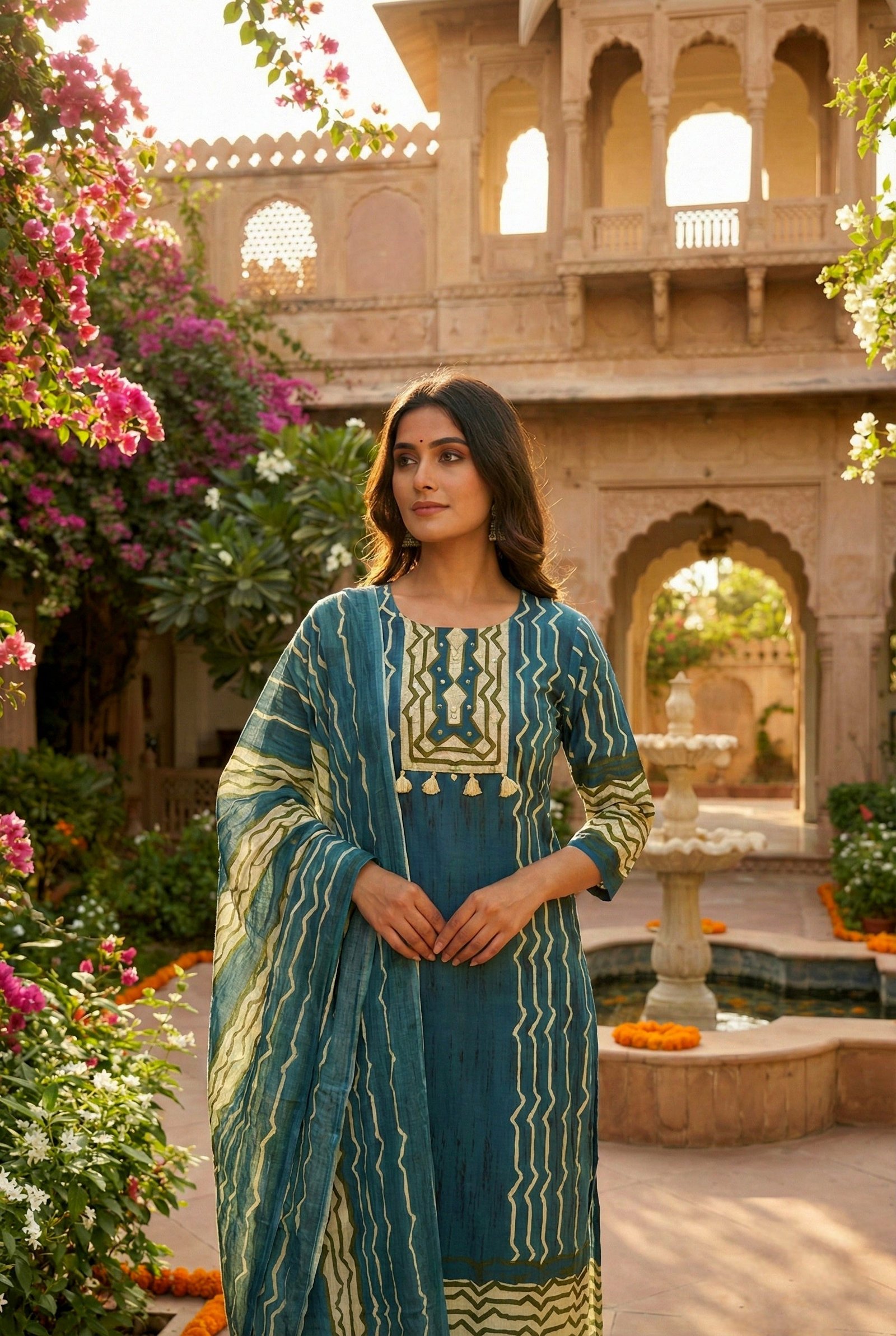 Teal Blue Cotton Three Piece Set - Image 4