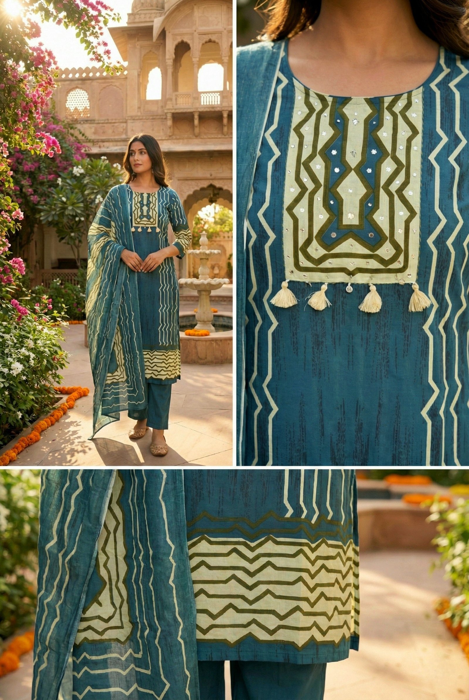 Teal Blue Cotton Three Piece Set - Image 6