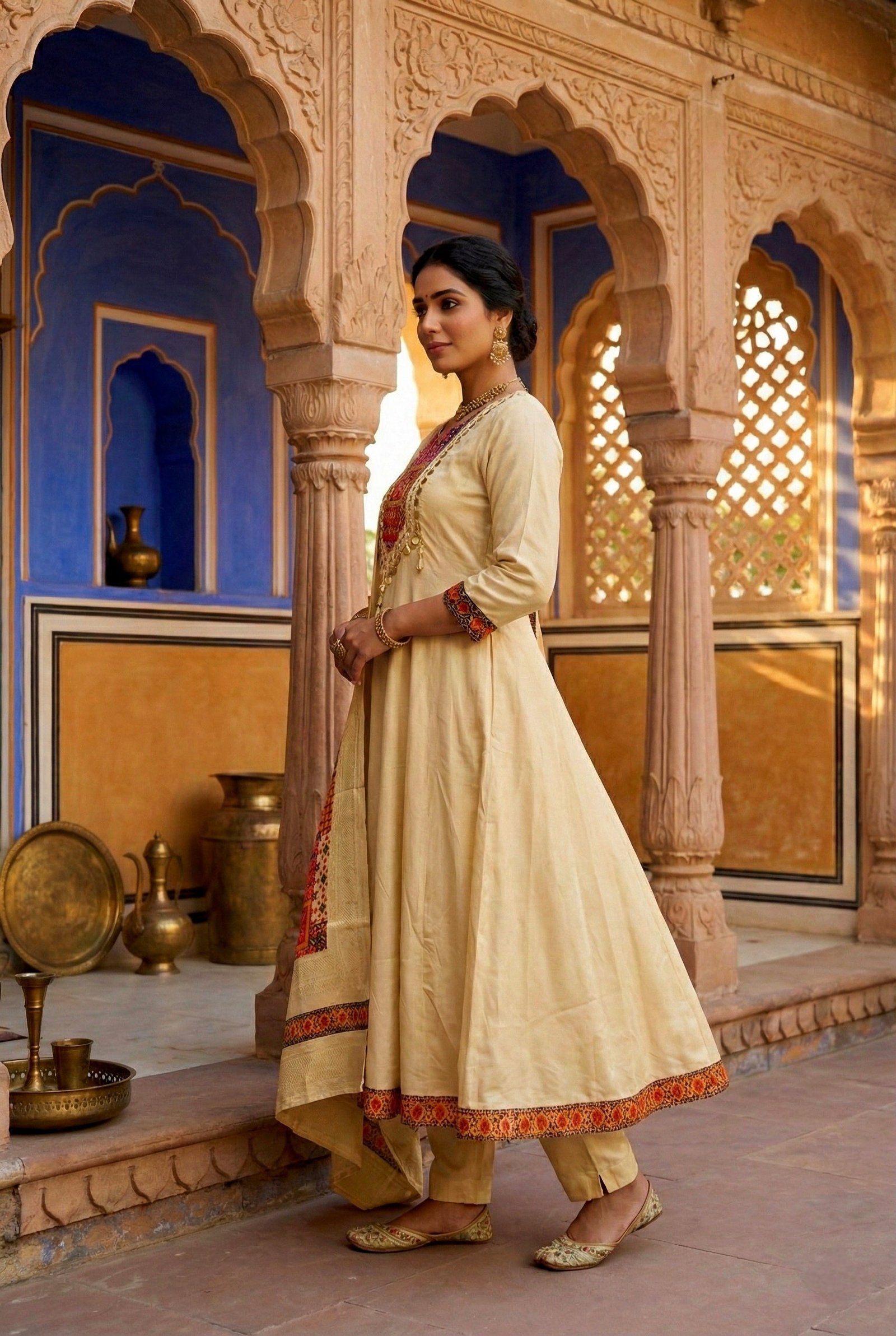 Beige Silk With Zari Embroidery And Digital Printed Suit Set - Image 2