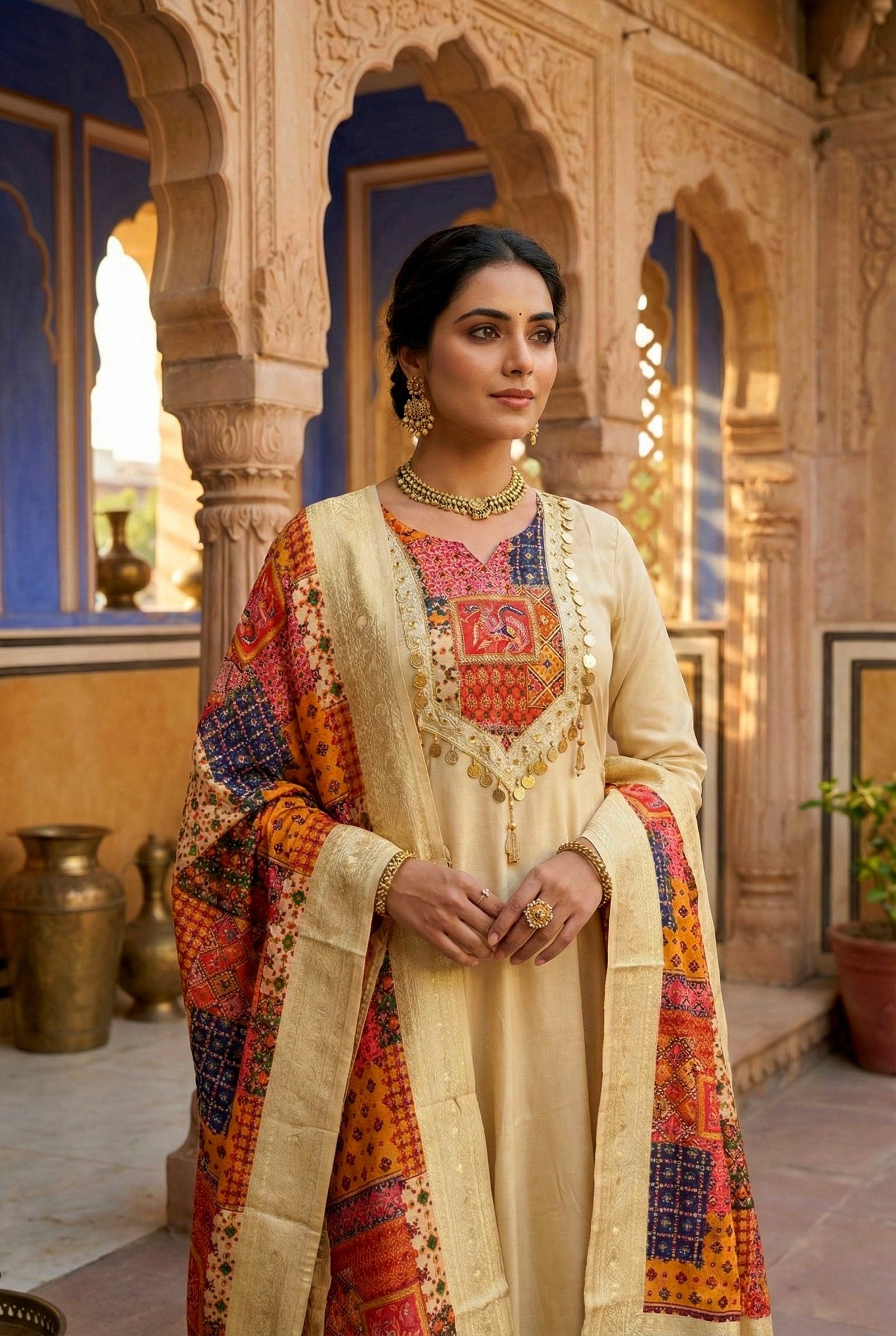 Beige Silk With Zari Embroidery And Digital Printed Suit Set - Image 4