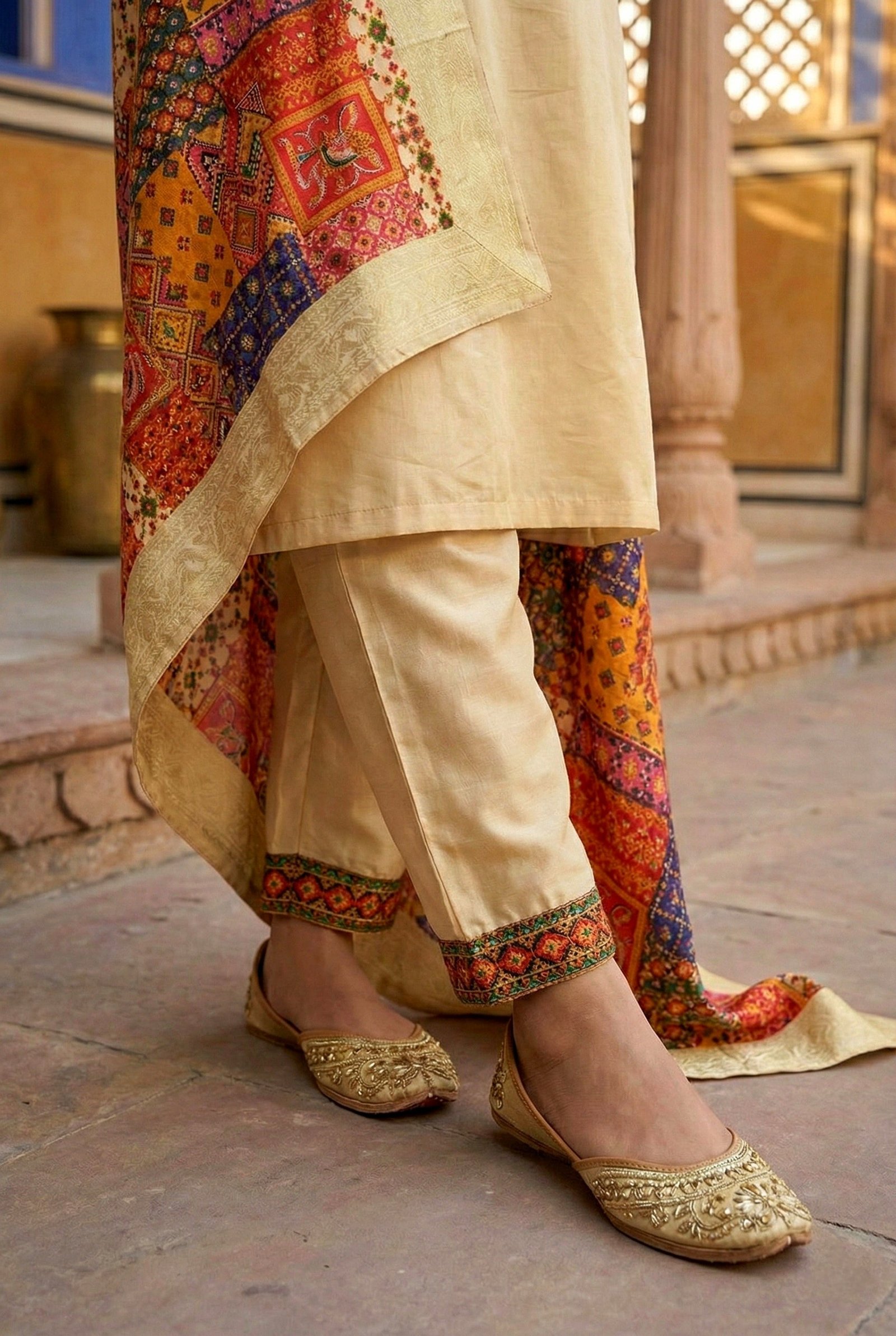 Beige Silk With Zari Embroidery And Digital Printed Suit Set - Image 6