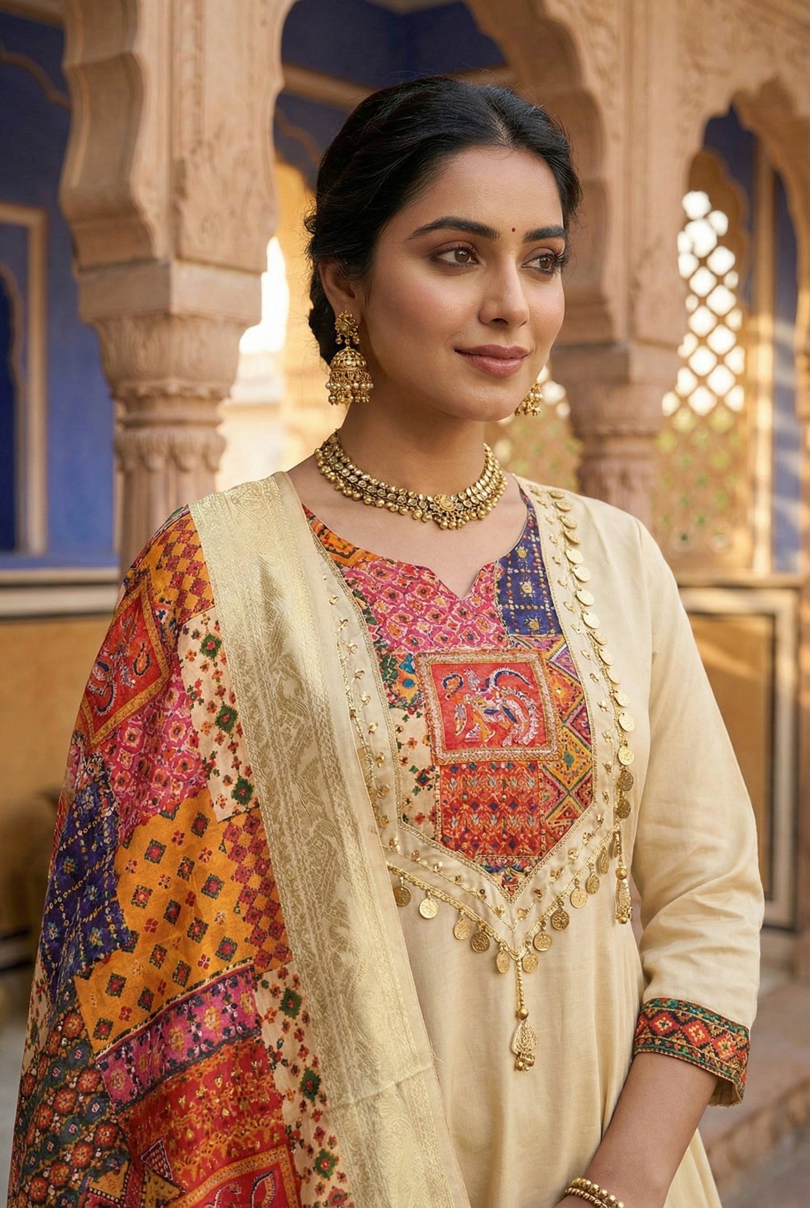 Beige Silk With Zari Embroidery And Digital Printed Suit Set - Image 5