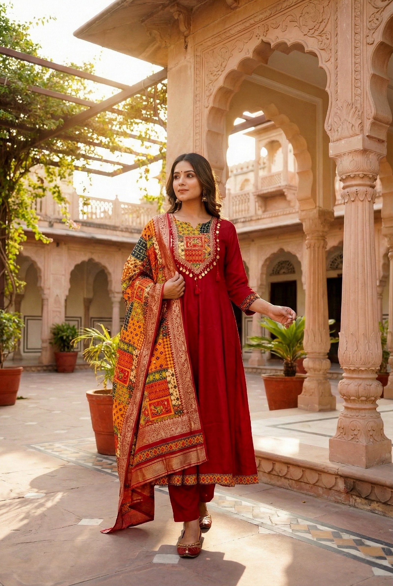 Maroon Silk With Zari Embroidery And Digital Printed Suit Set