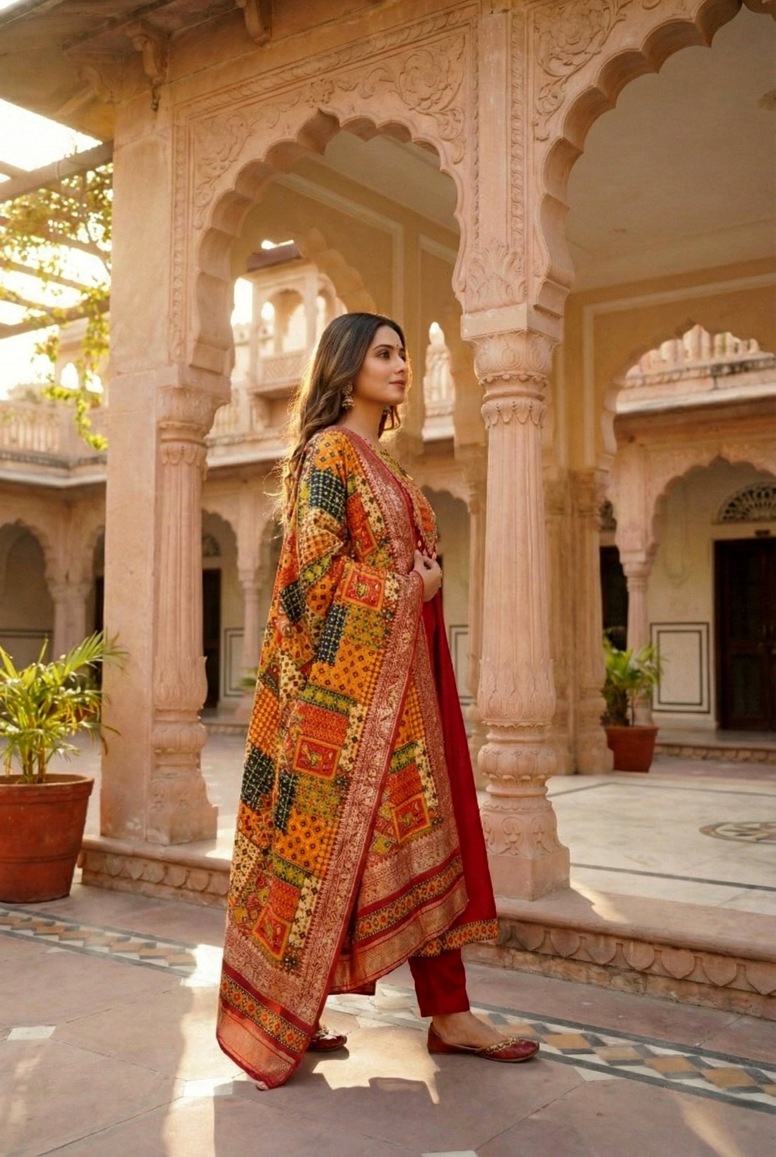 Maroon Silk With Zari Embroidery And Digital Printed Suit Set - Image 2