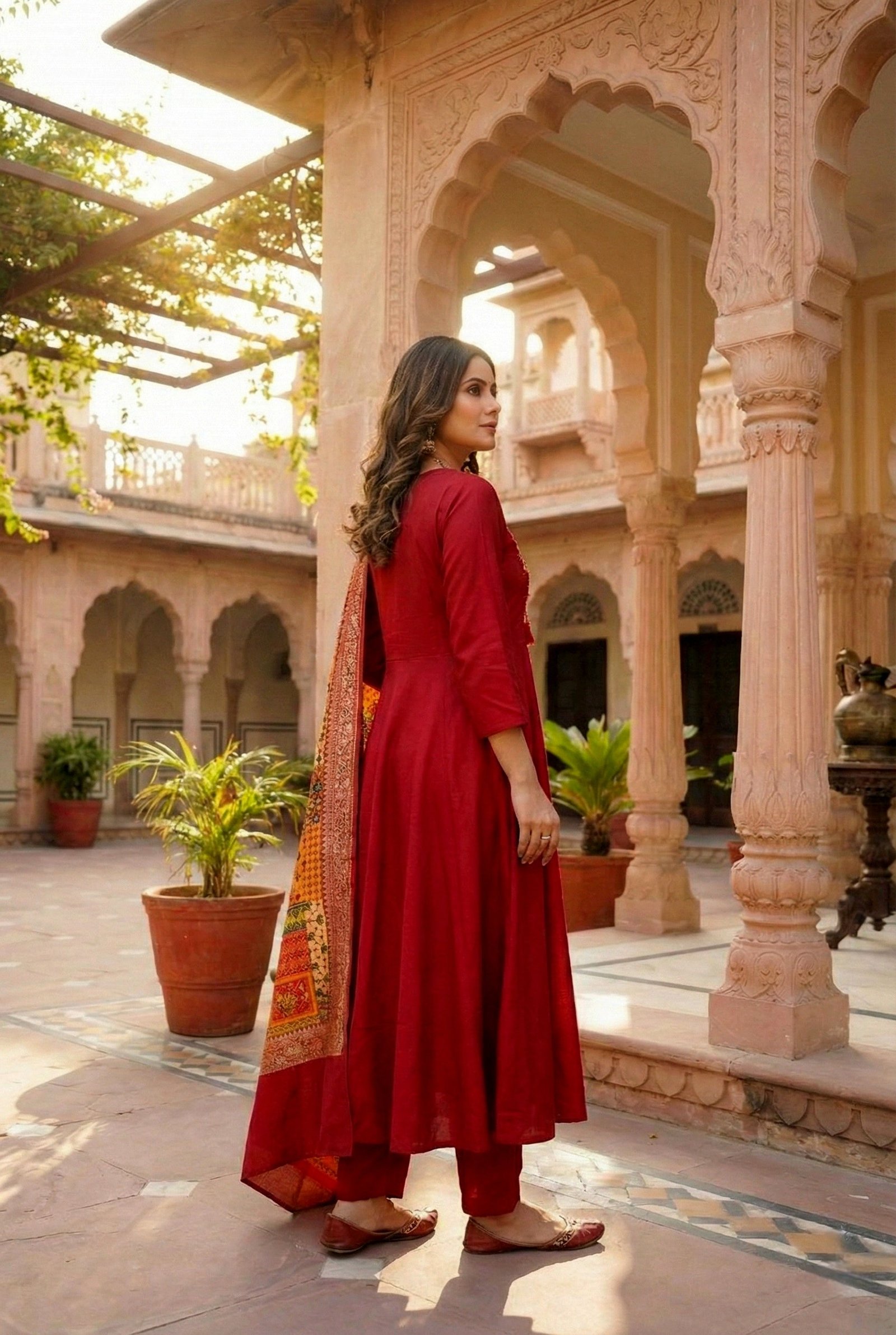 Maroon Silk With Zari Embroidery And Digital Printed Suit Set - Image 3