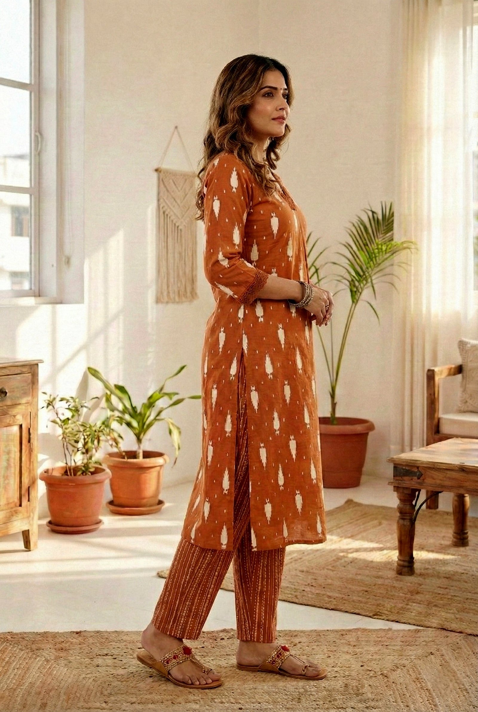 Rust Cotton Ethnic Motif Two Piece Set - Image 2