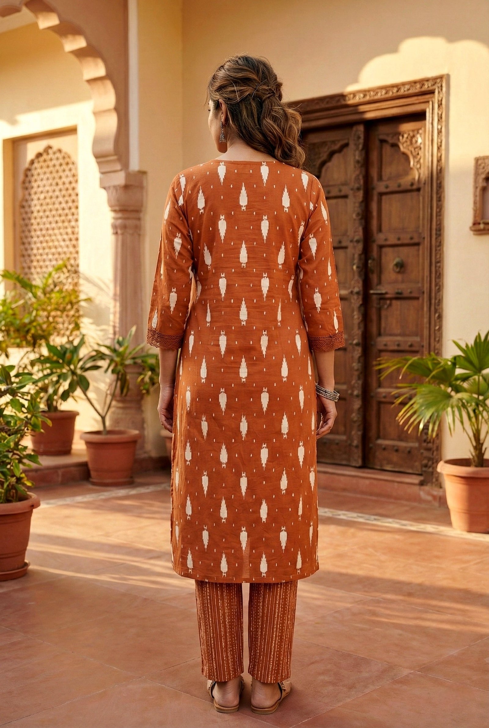 Rust Cotton Ethnic Motif Two Piece Set - Image 3