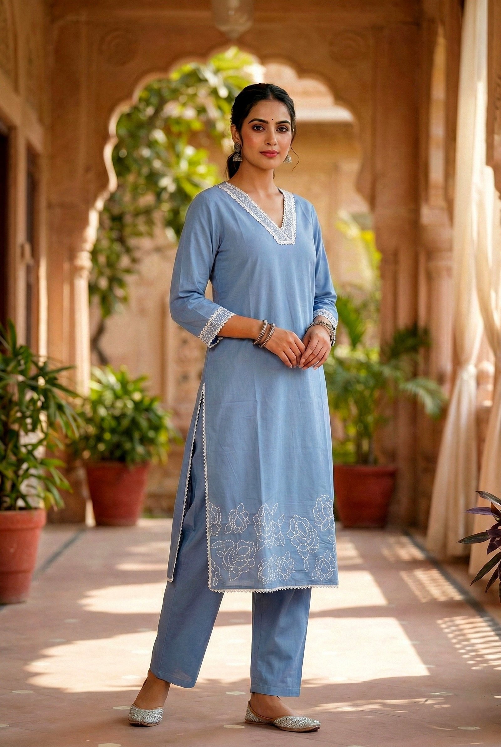 Sky Blue Cotton Thread Embroidery Two Piece Set
