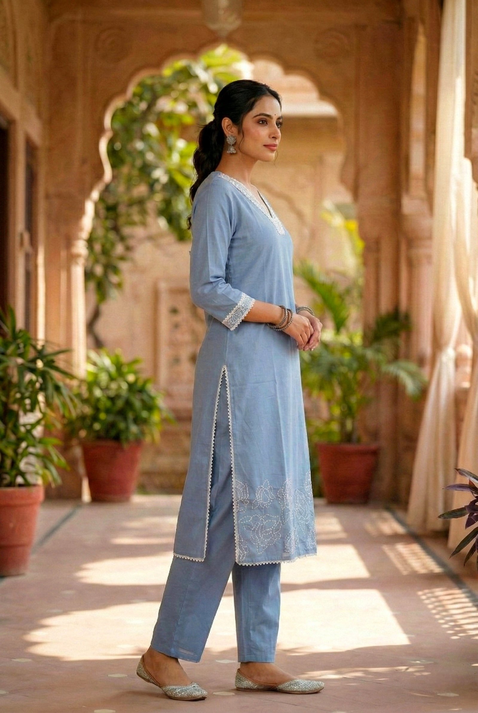 Sky Blue Cotton Thread Embroidery Two Piece Set - Image 2