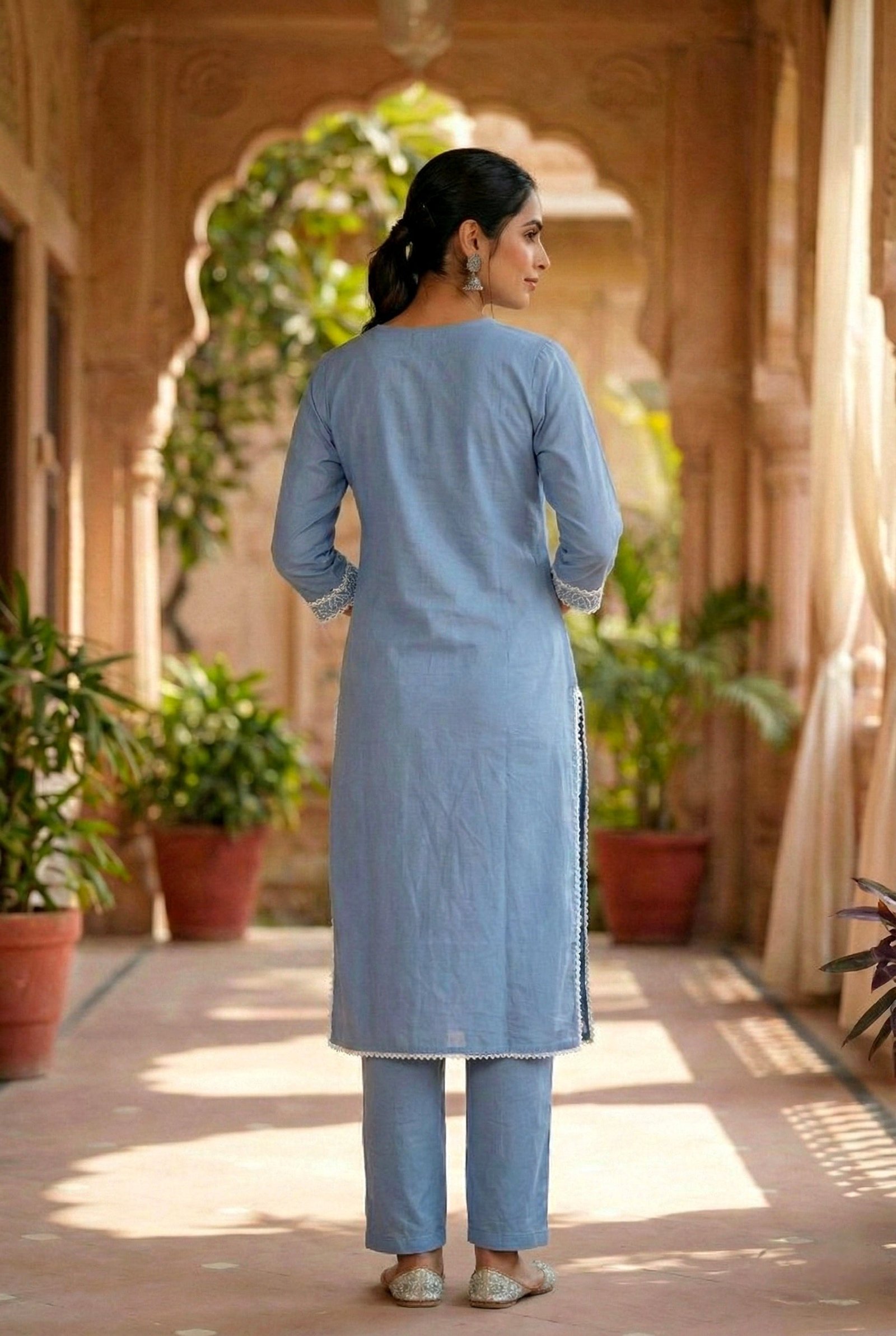 Sky Blue Cotton Thread Embroidery Two Piece Set - Image 3