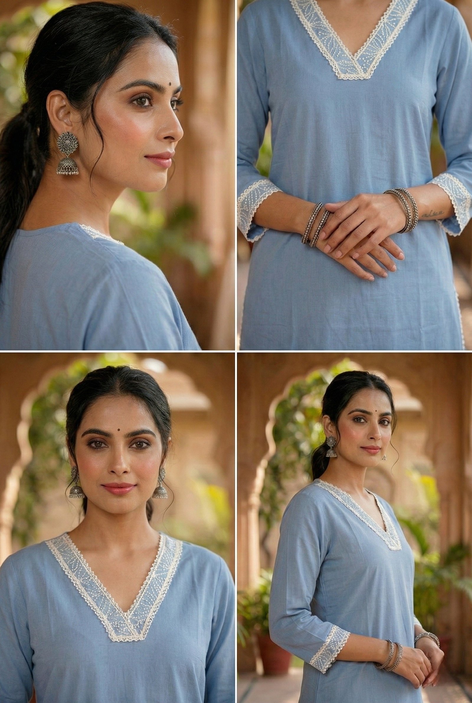 Sky Blue Cotton Thread Embroidery Two Piece Set - Image 4