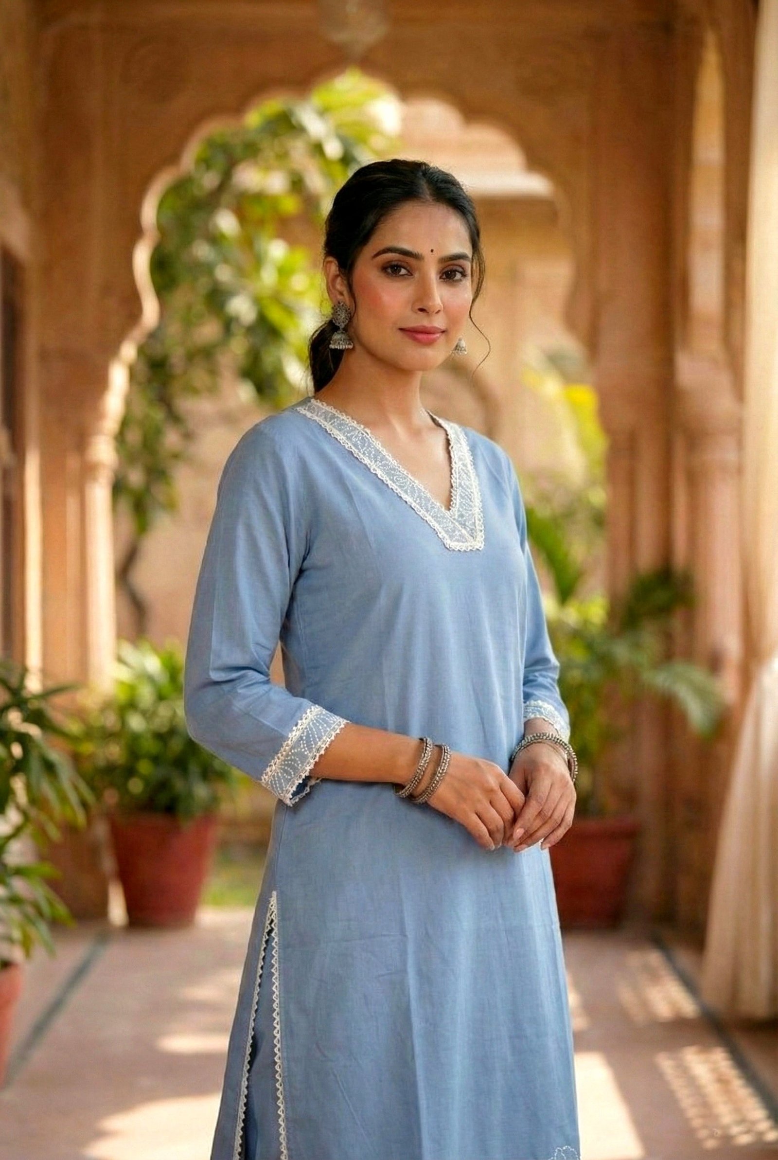Sky Blue Cotton Thread Embroidery Two Piece Set - Image 5