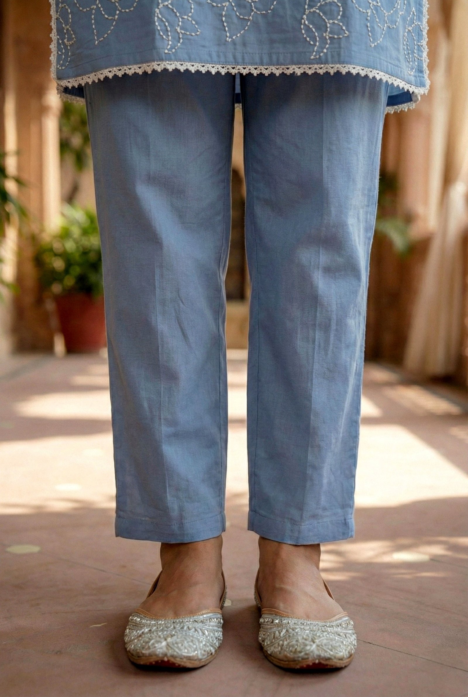 Sky Blue Cotton Thread Embroidery Two Piece Set - Image 6