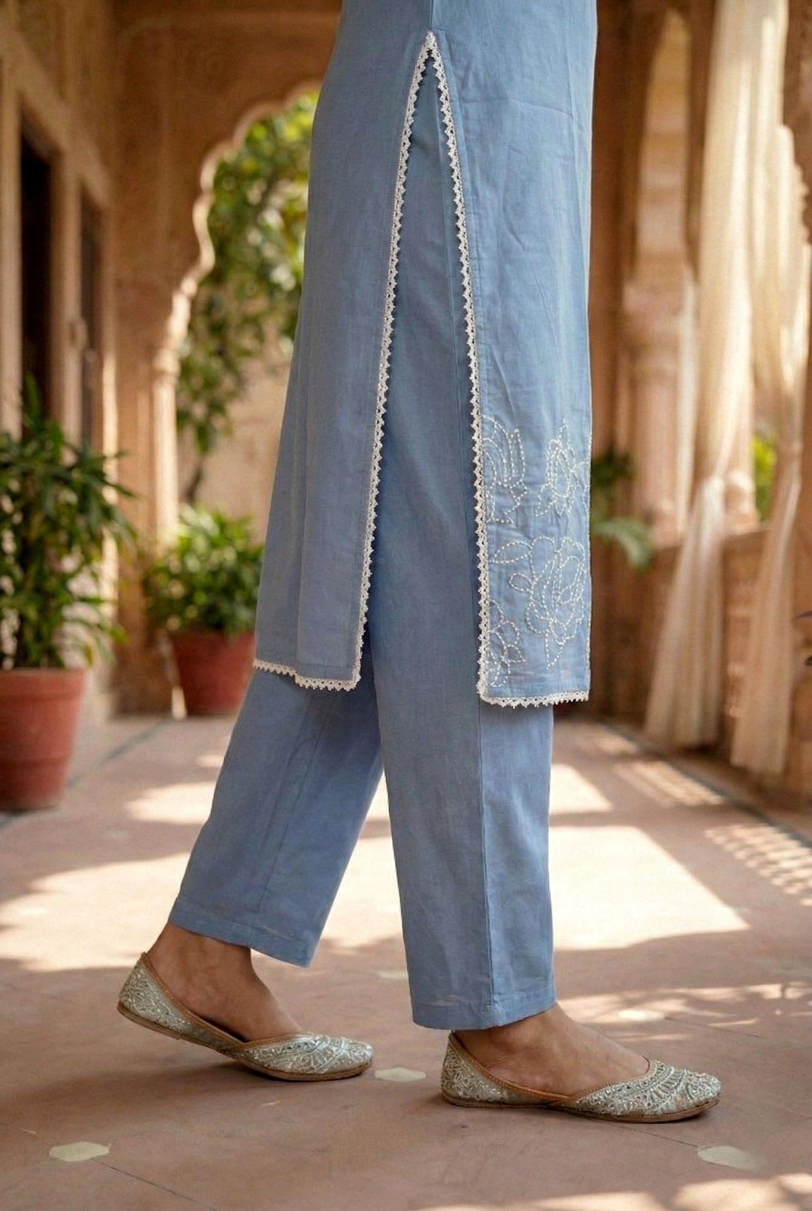 Sky Blue Cotton Thread Embroidery Two Piece Set - Image 7