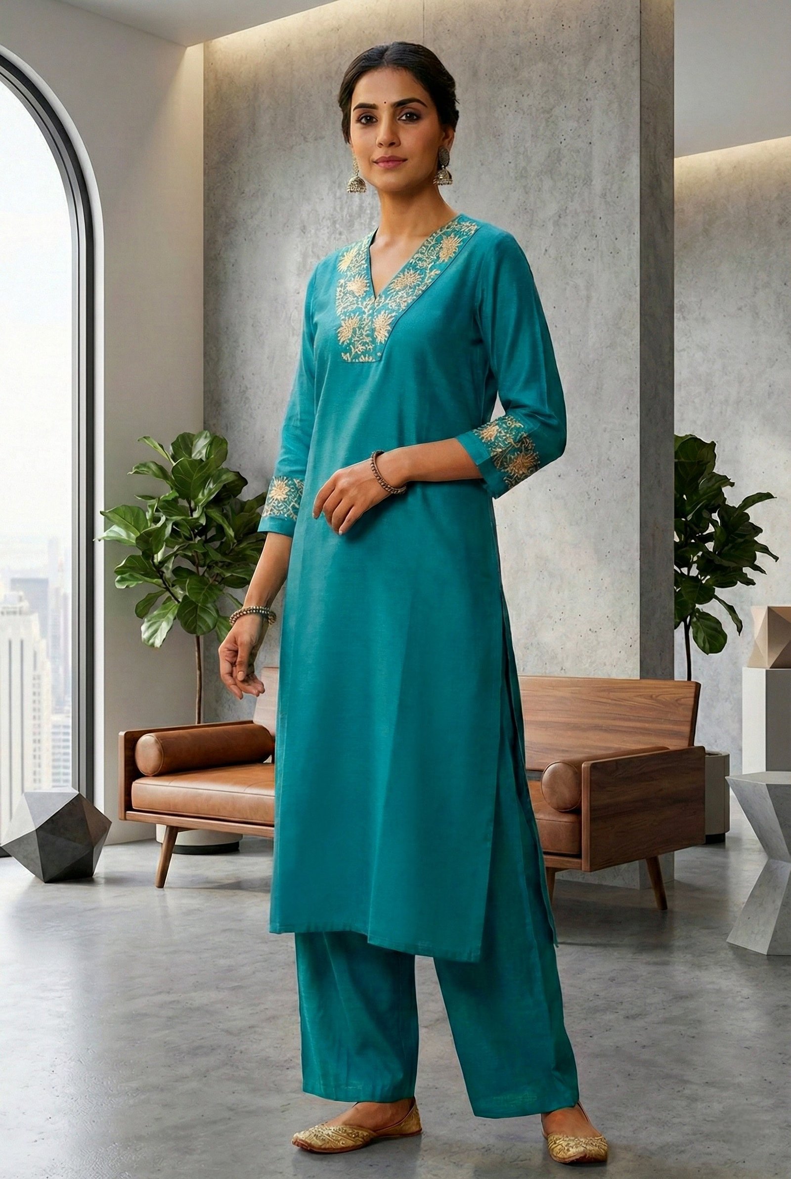 Ferozi Silk Floral Aari Embroidered Two Piece Set