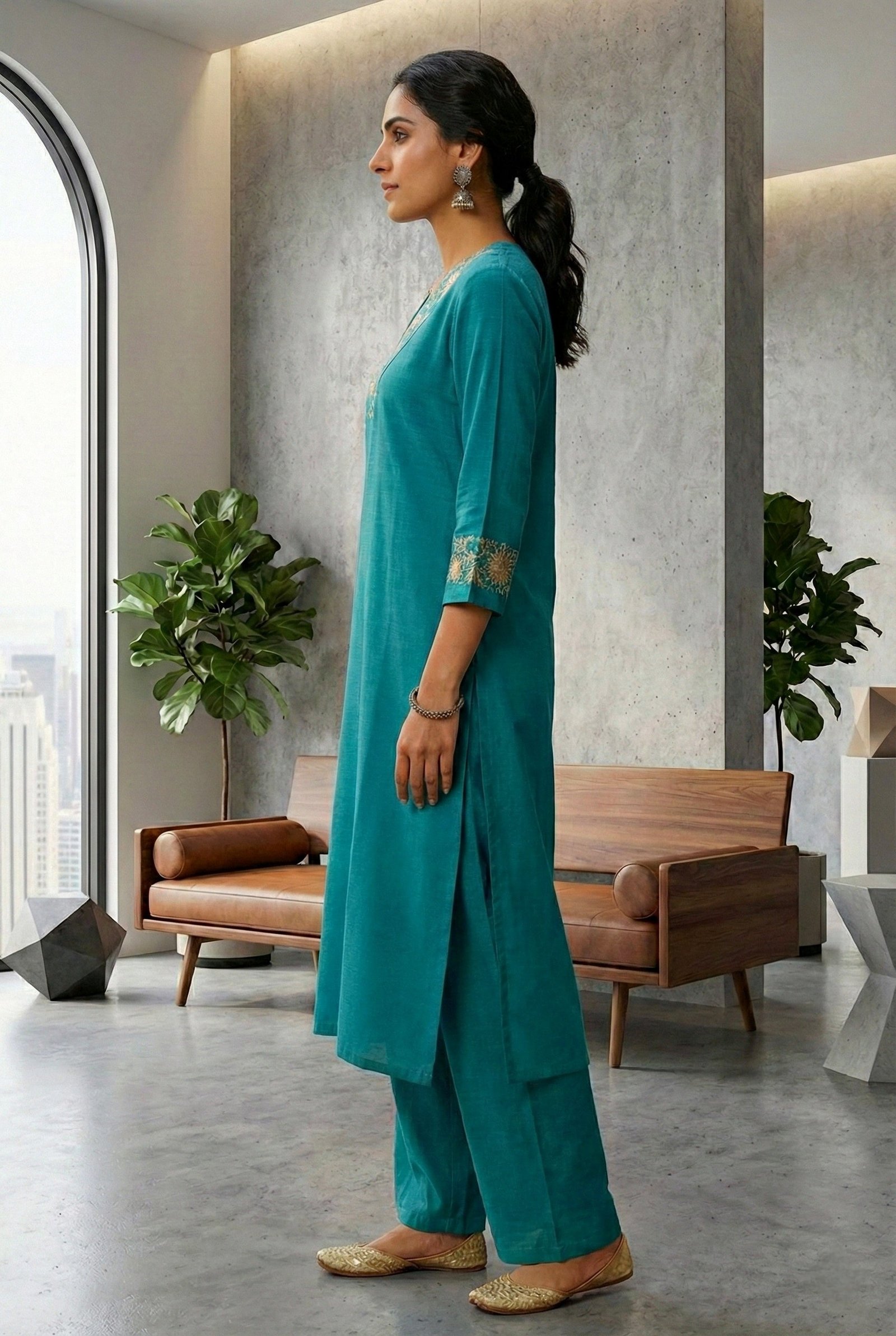 Ferozi Silk Floral Aari Embroidered Two Piece Set - Image 2