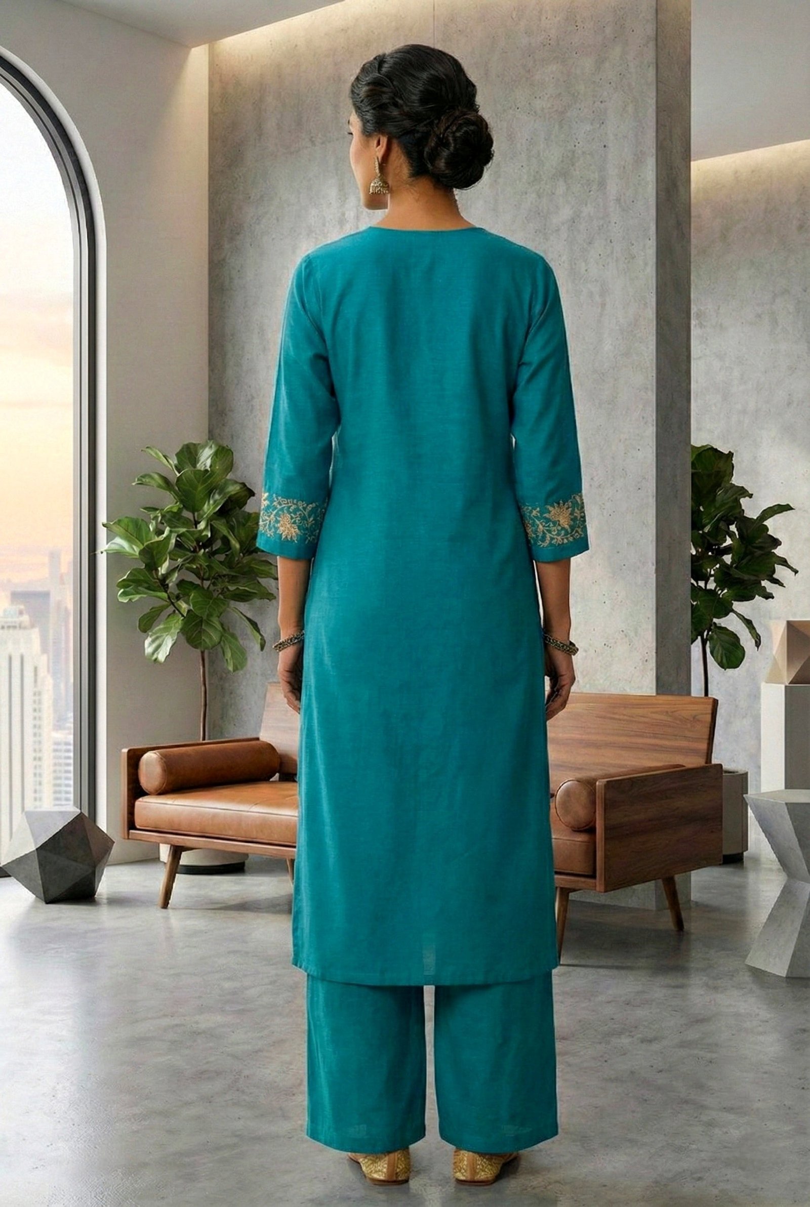 Ferozi Silk Floral Aari Embroidered Two Piece Set - Image 3