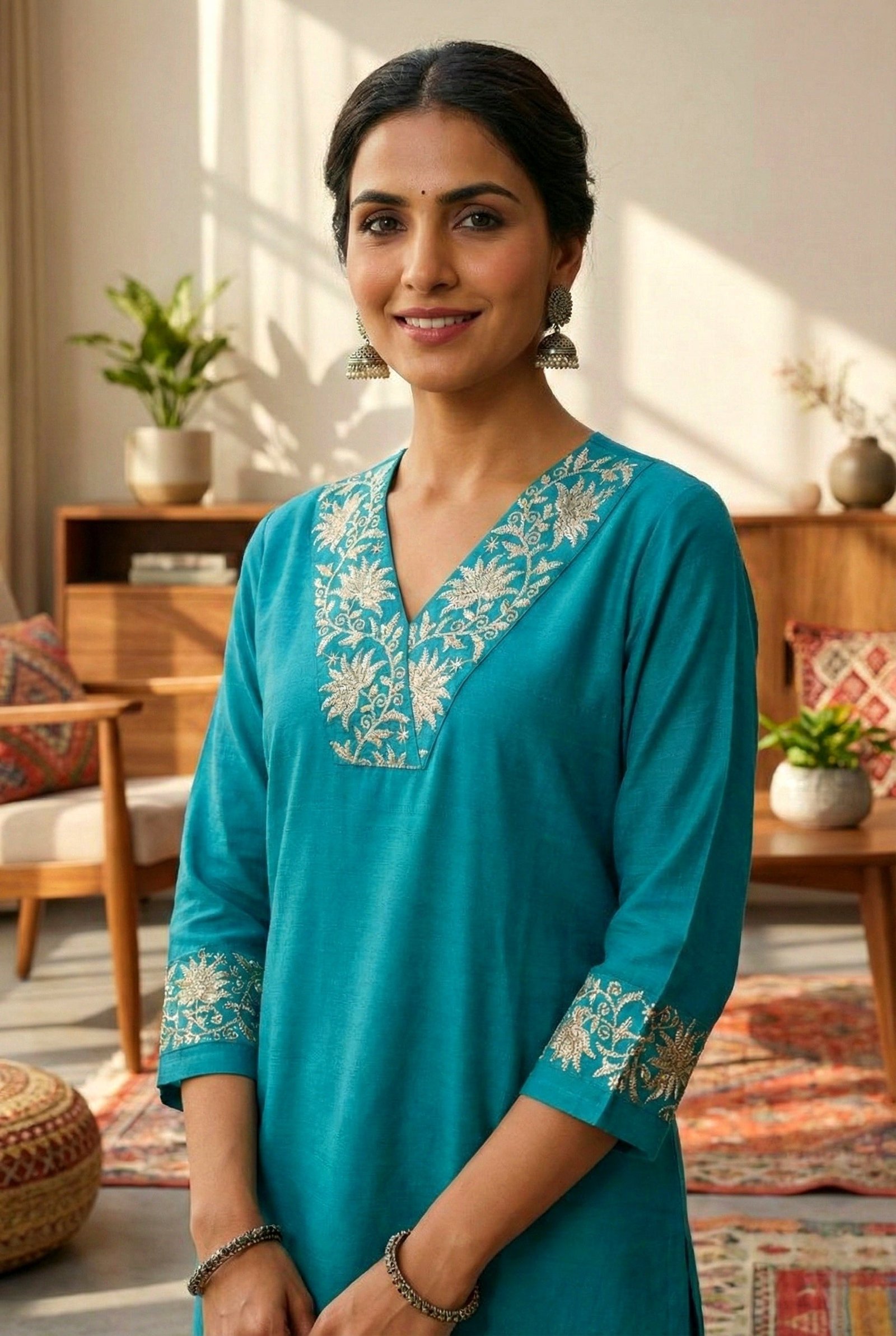 Ferozi Silk Floral Aari Embroidered Two Piece Set - Image 5