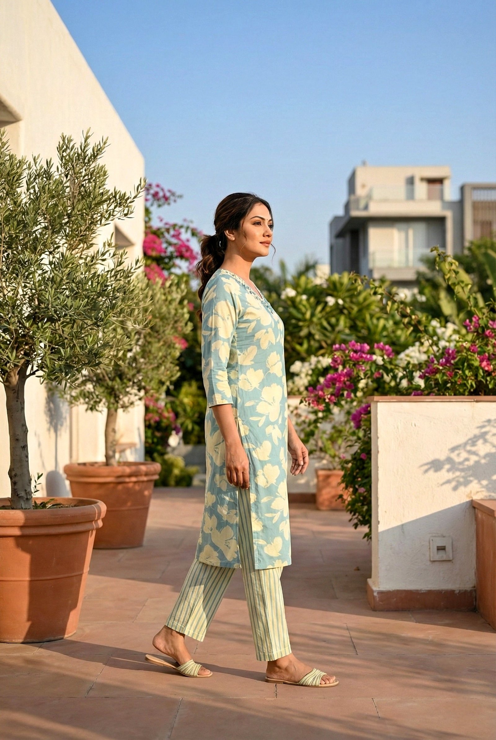 Sky Blue Cotton Floral Hand Embroidery Two Piece Set - Image 2