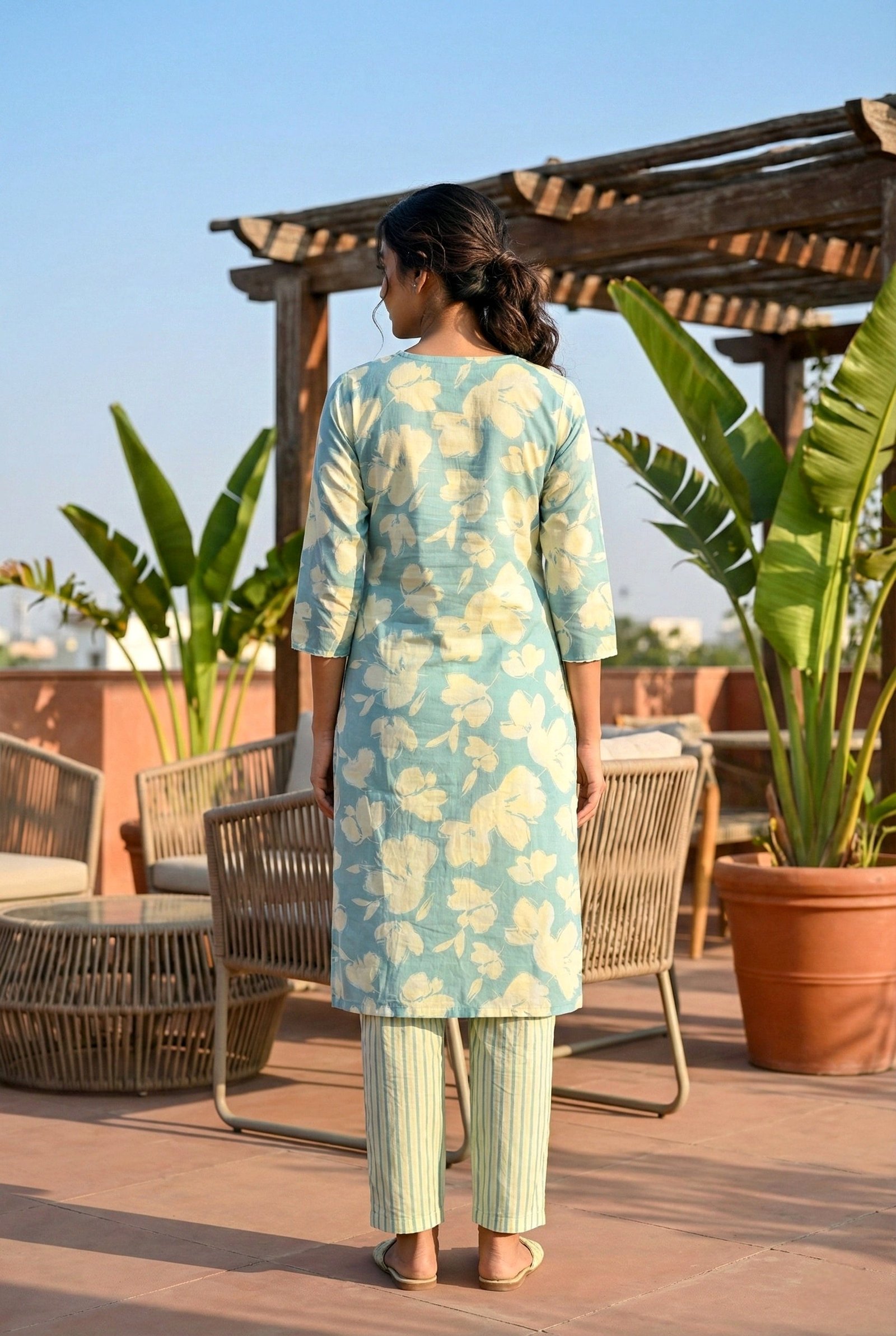 Sky Blue Cotton Floral Hand Embroidery Two Piece Set - Image 3