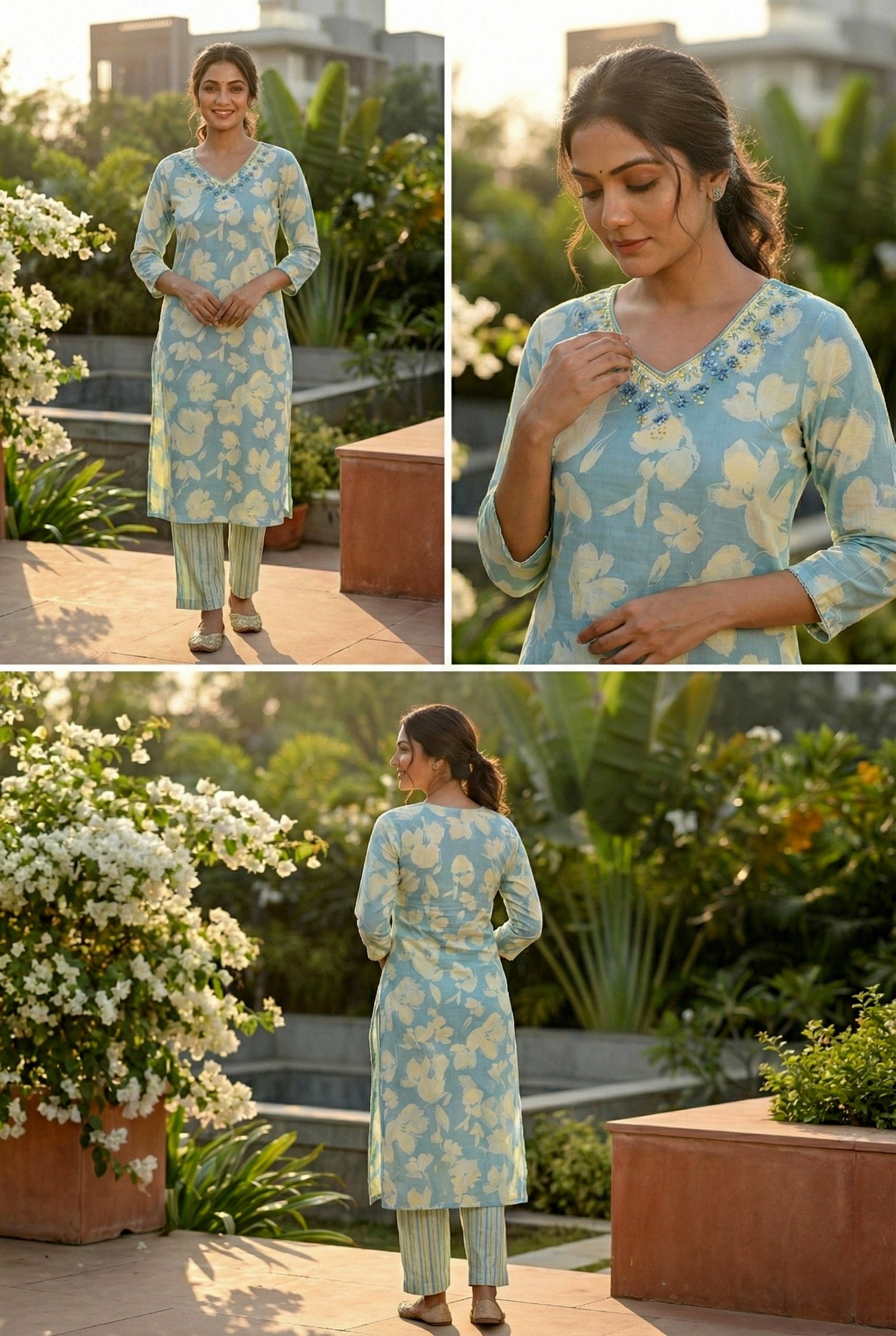 Sky Blue Cotton Floral Hand Embroidery Two Piece Set - Image 4