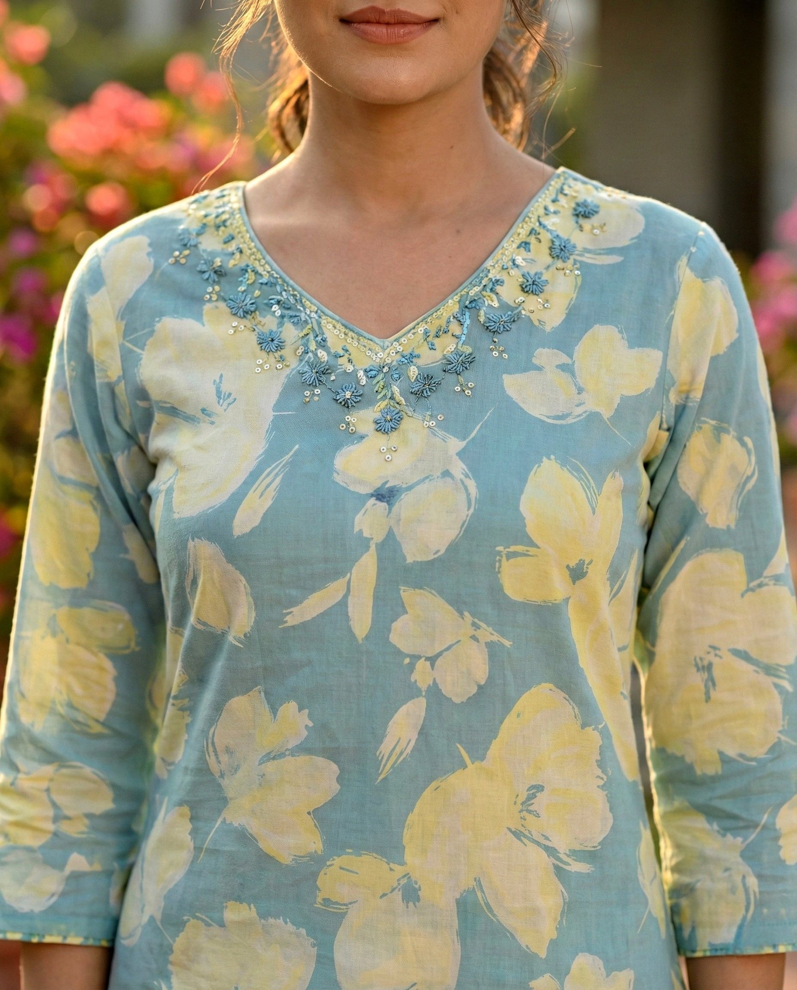 Sky Blue Cotton Floral Hand Embroidery Two Piece Set - Image 5