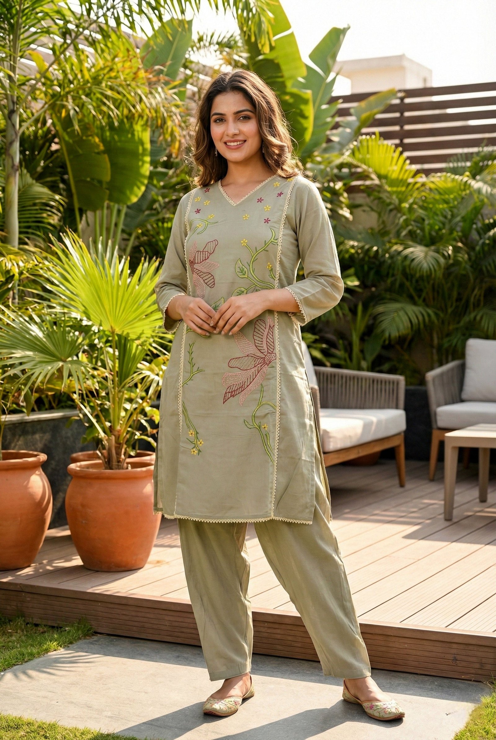 Light Grey Muslin Hand Embroidered Two Piece Set