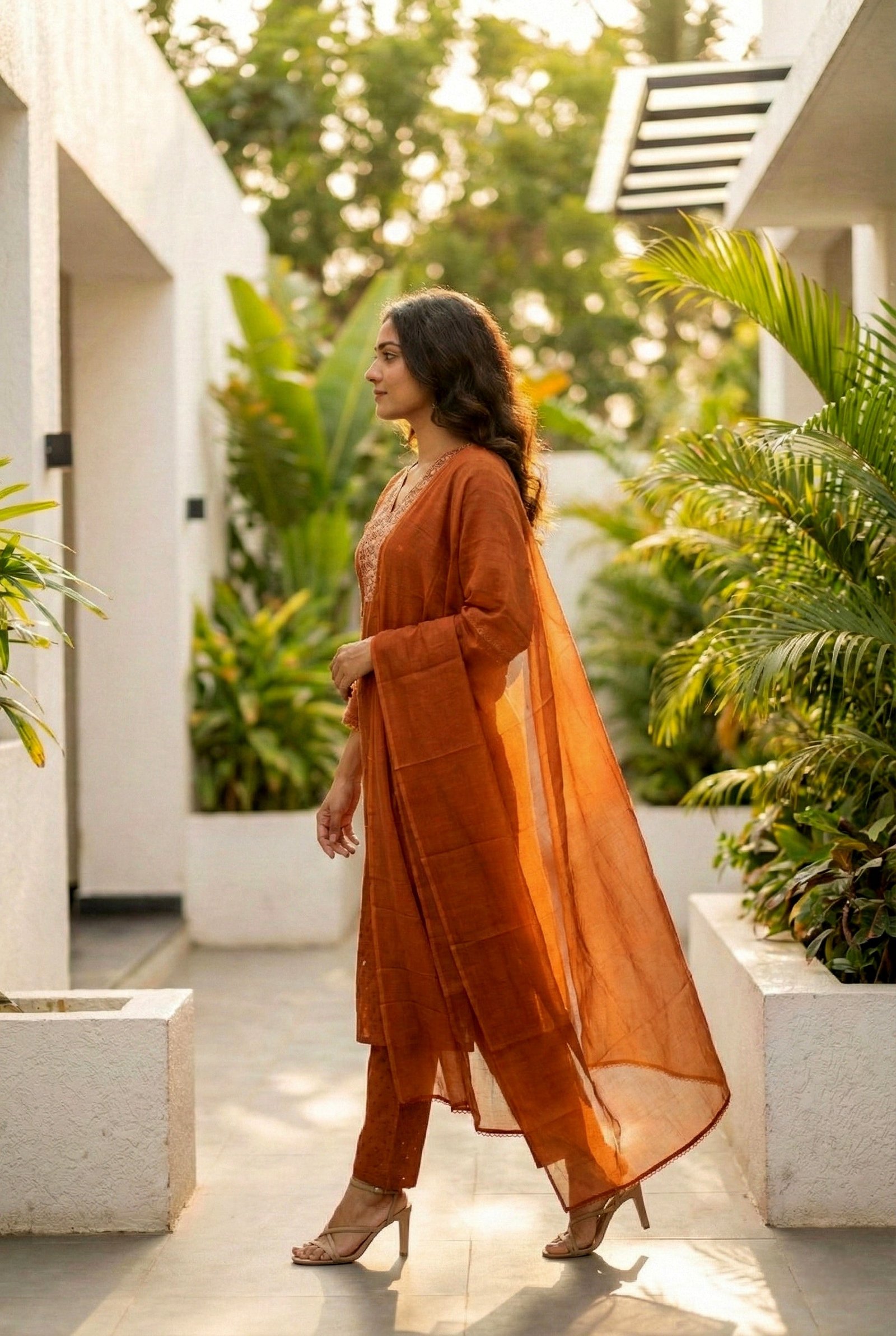 Rust Cotton Sequins And Mirror Embroidered Suit Set - Image 2