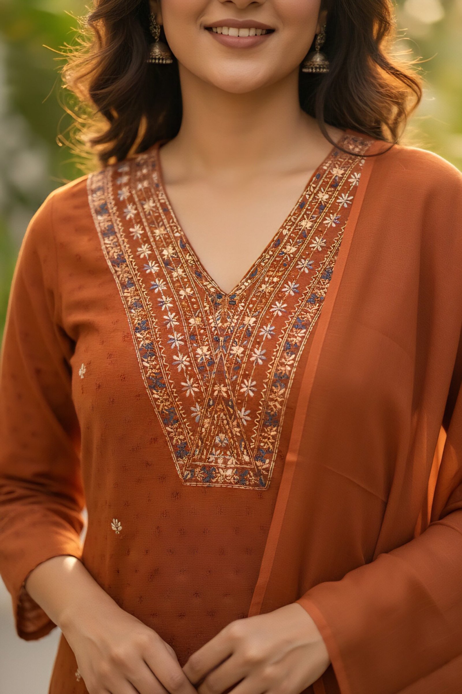 Rust Cotton Sequins And Mirror Embroidered Suit Set - Image 4