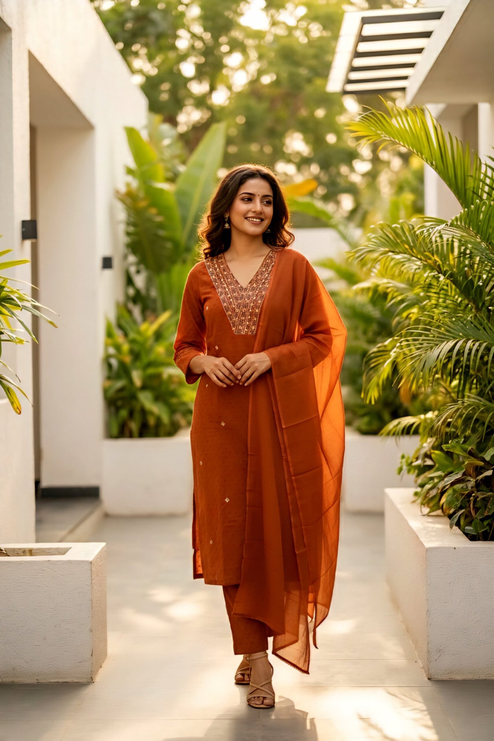 Rust Cotton Sequins And Mirror Embroidered Suit Set - Image 5