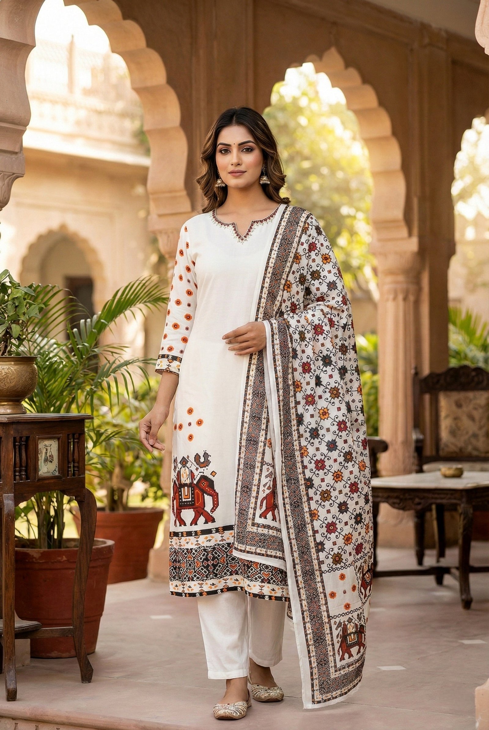 White Silk Hand Embroidery Three Piece Set