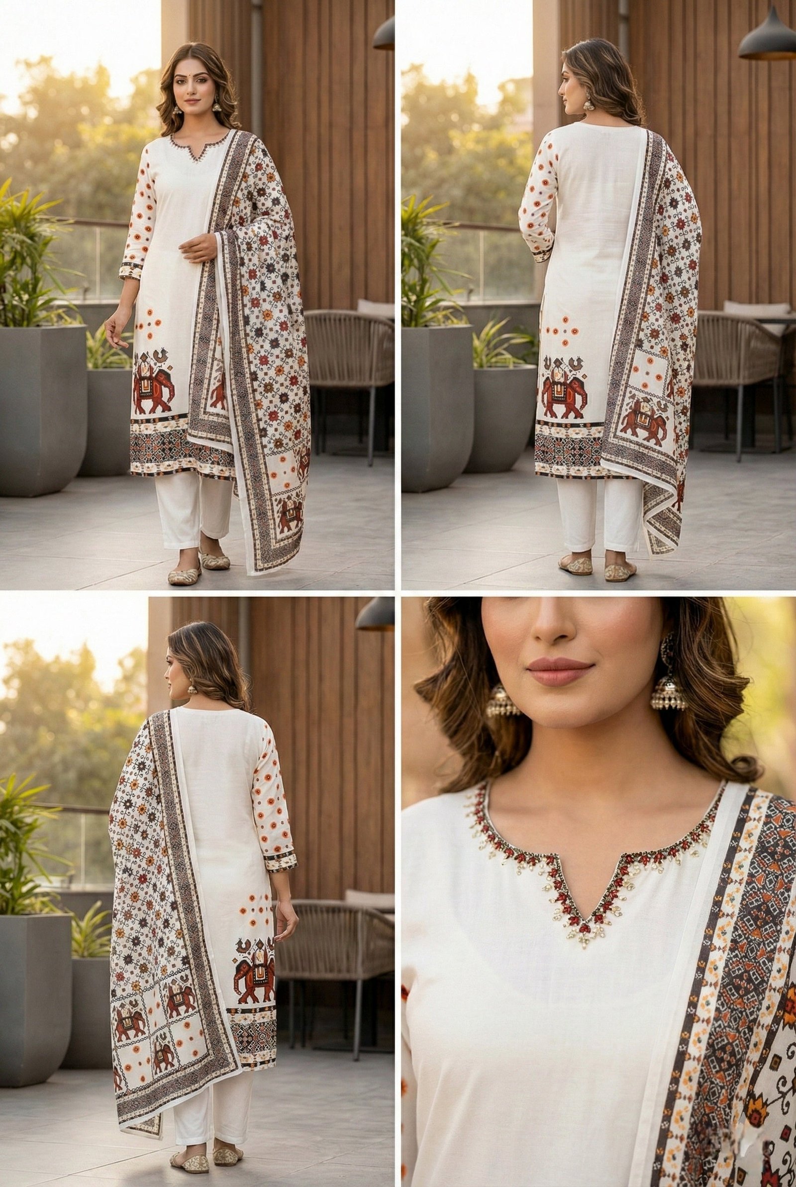 White Silk Hand Embroidery Three Piece Set - Image 4